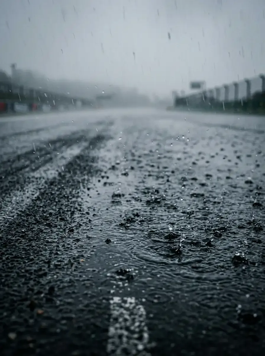 Heavy tropical rain falls across the Sepang International Circuit, showcasing Malaysia's unpredictable weather.
