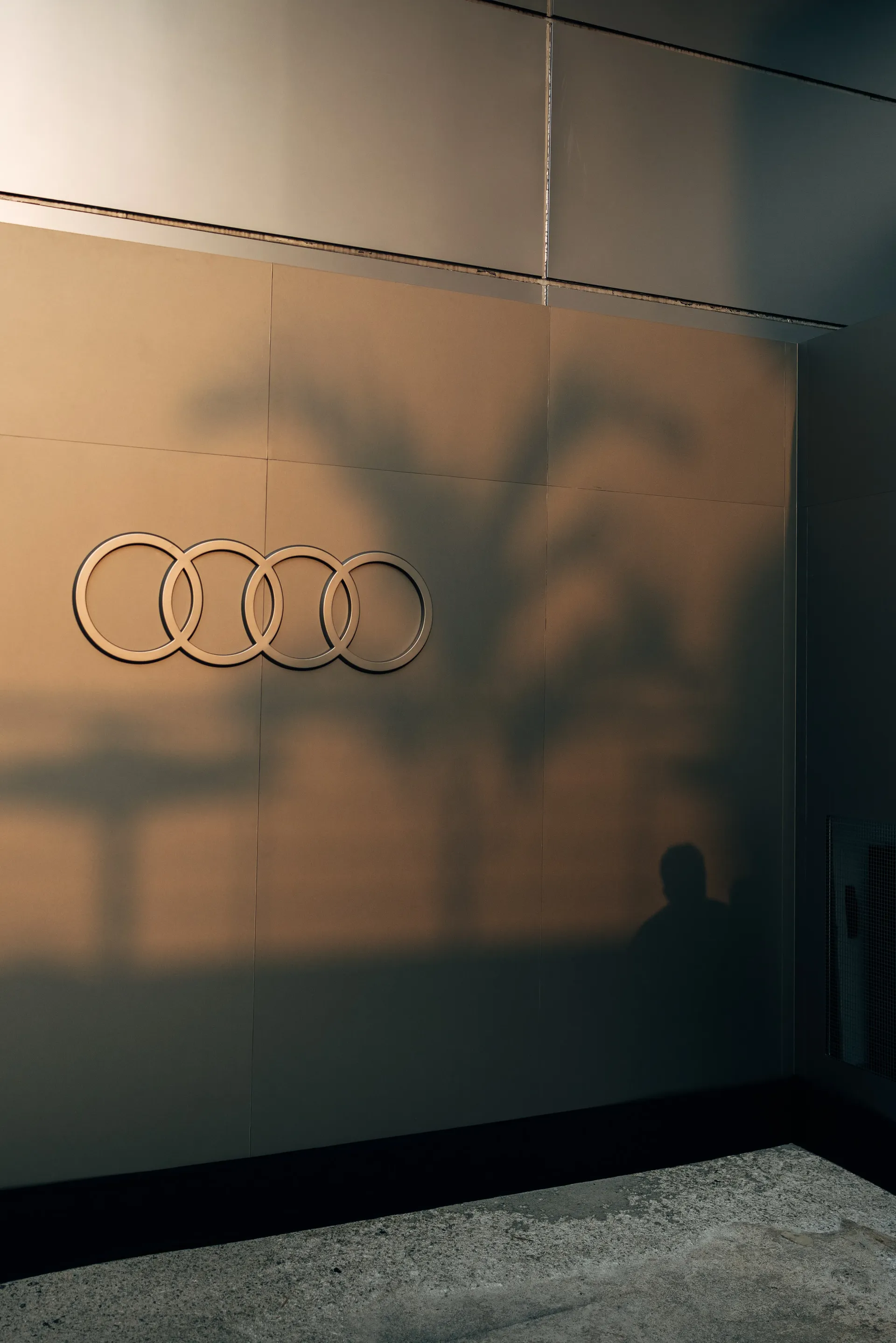 Audi rings reflected on a grey wall at the circuit