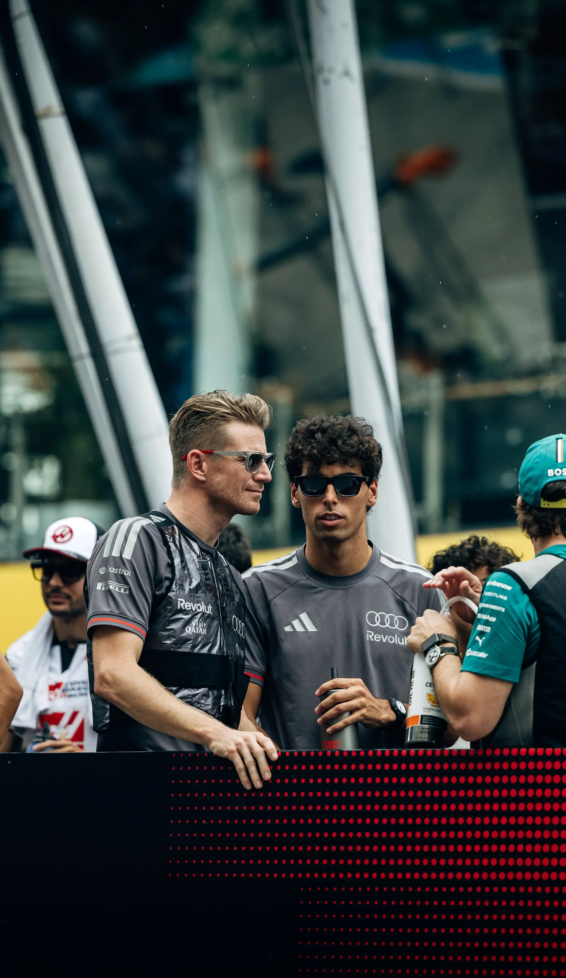 Audi Revolut F1® Team drivers Nico Hulkenberg and Gabriel Bortoleto in the paddock