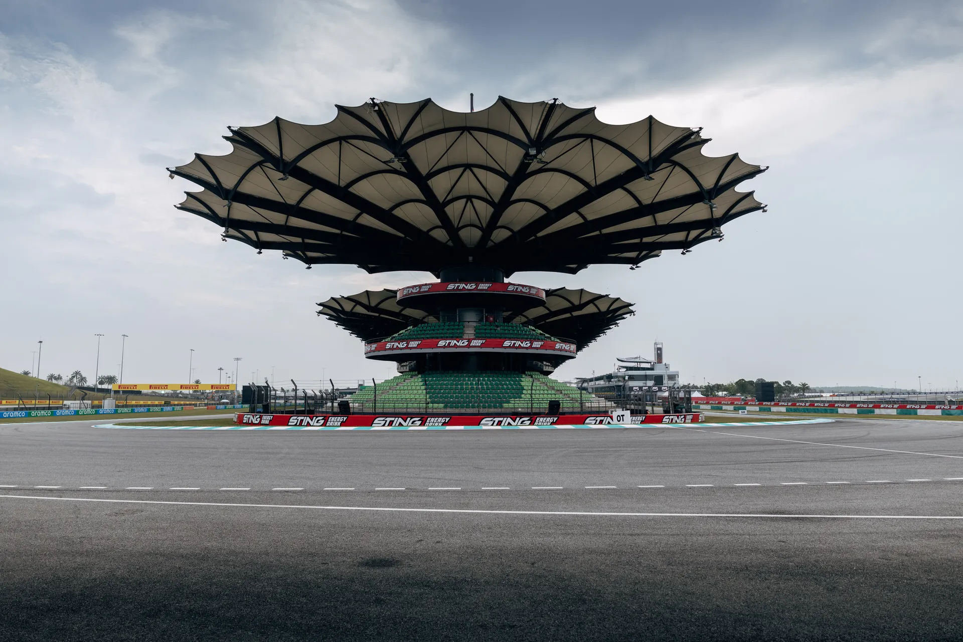 Bahrain International Circuit main grandstand with distinctive canopy structure