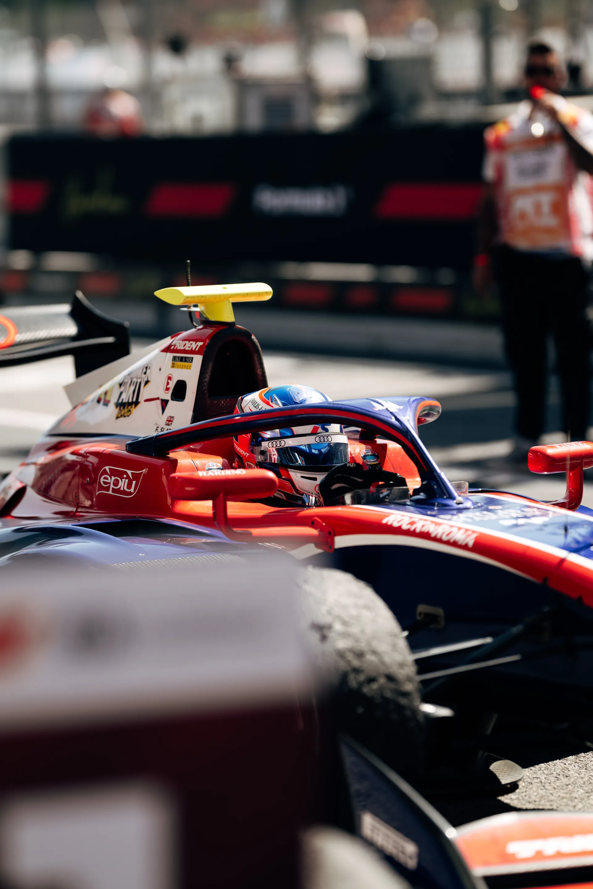Close-up of Freddie Slater in the cockpit of his F3 car, helmet on, preparing to head out during the Barcelona sprint race.