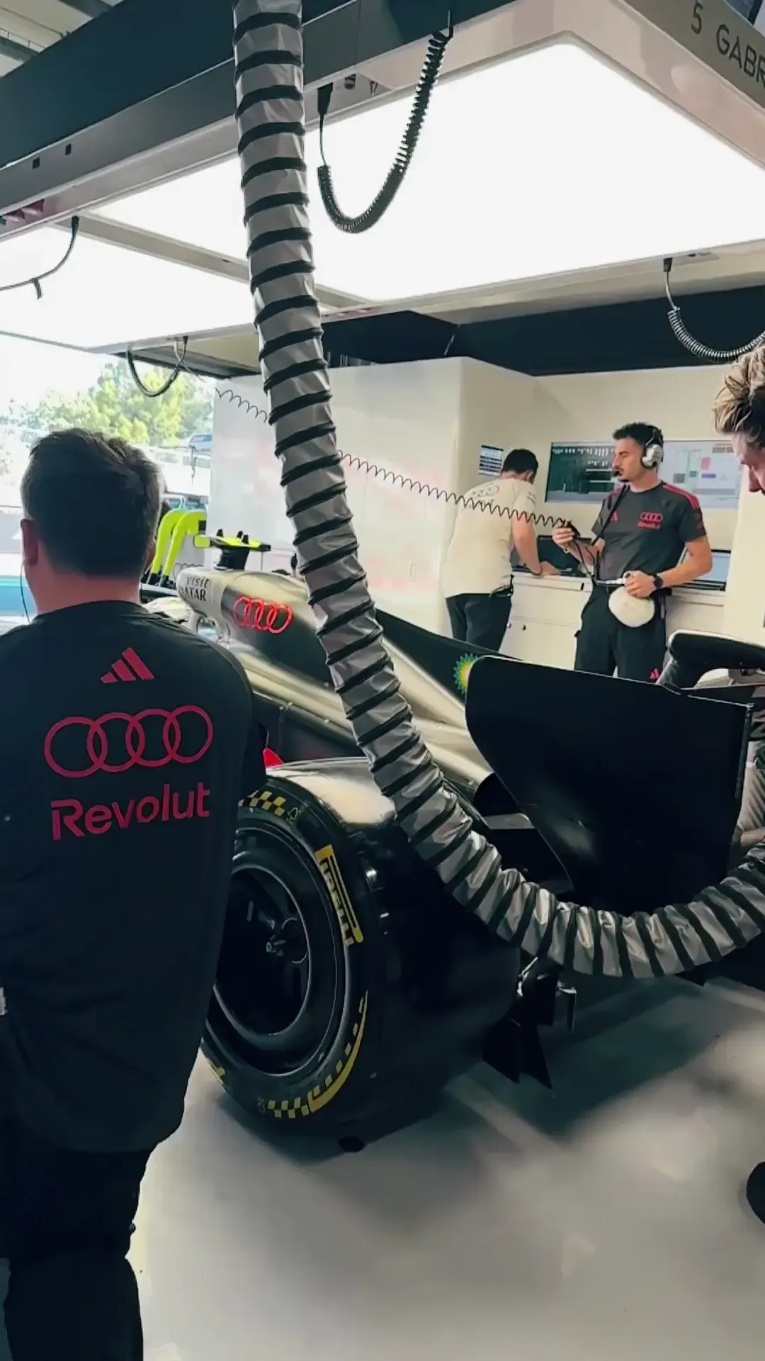 Gabriel Bortoleto driving out of the Audi Revolut F1® Team garage for FP3 in Barcelona
