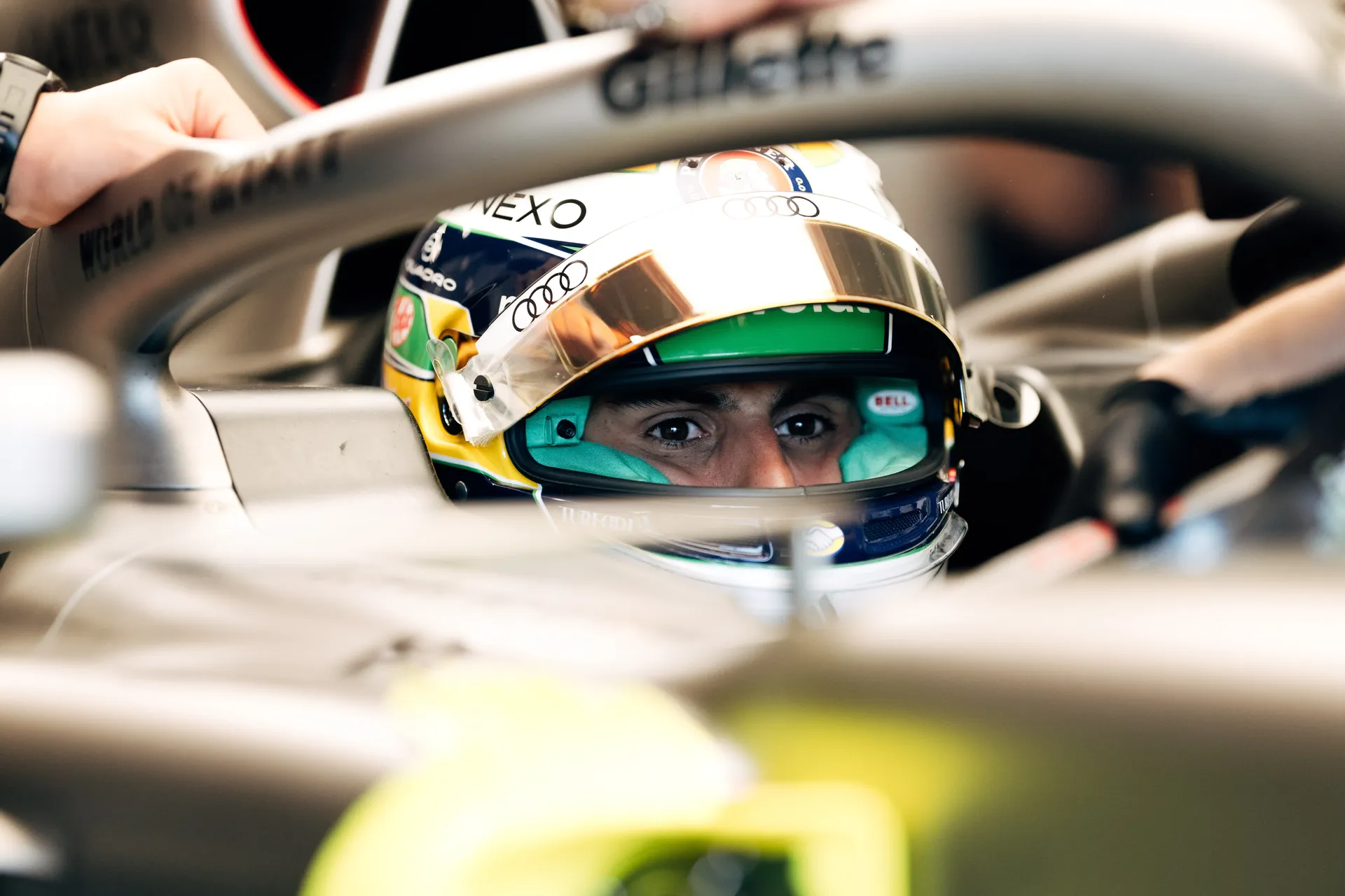 Close up of Gabriel Bortoleto driver at the Audi Revolut F1® Team inside his cockpit at the Barcelona Catalunya Grand Prix 2026