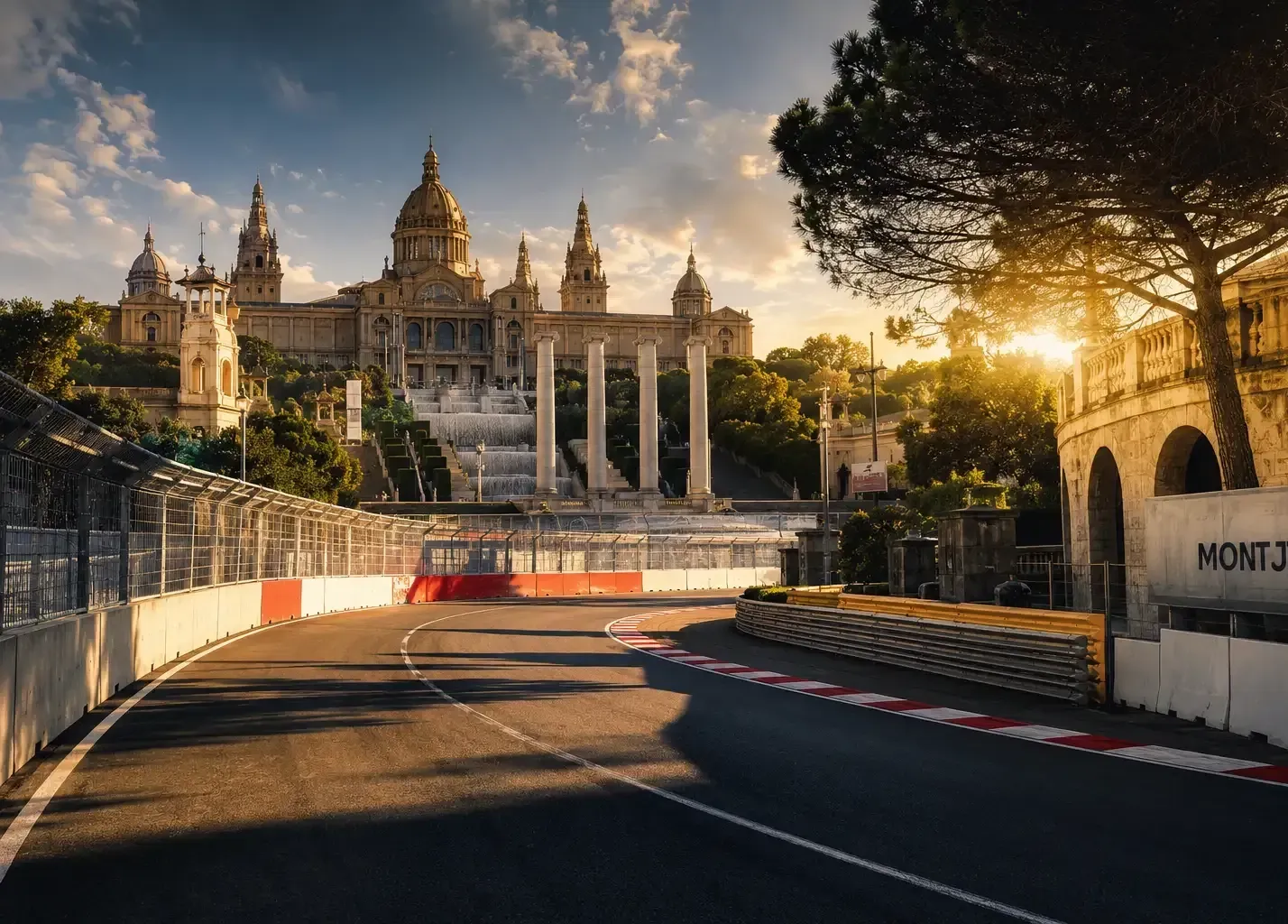 Curve of the Montjuïc street circuit in Barcelona at sunset with the Palau Nacional in the background