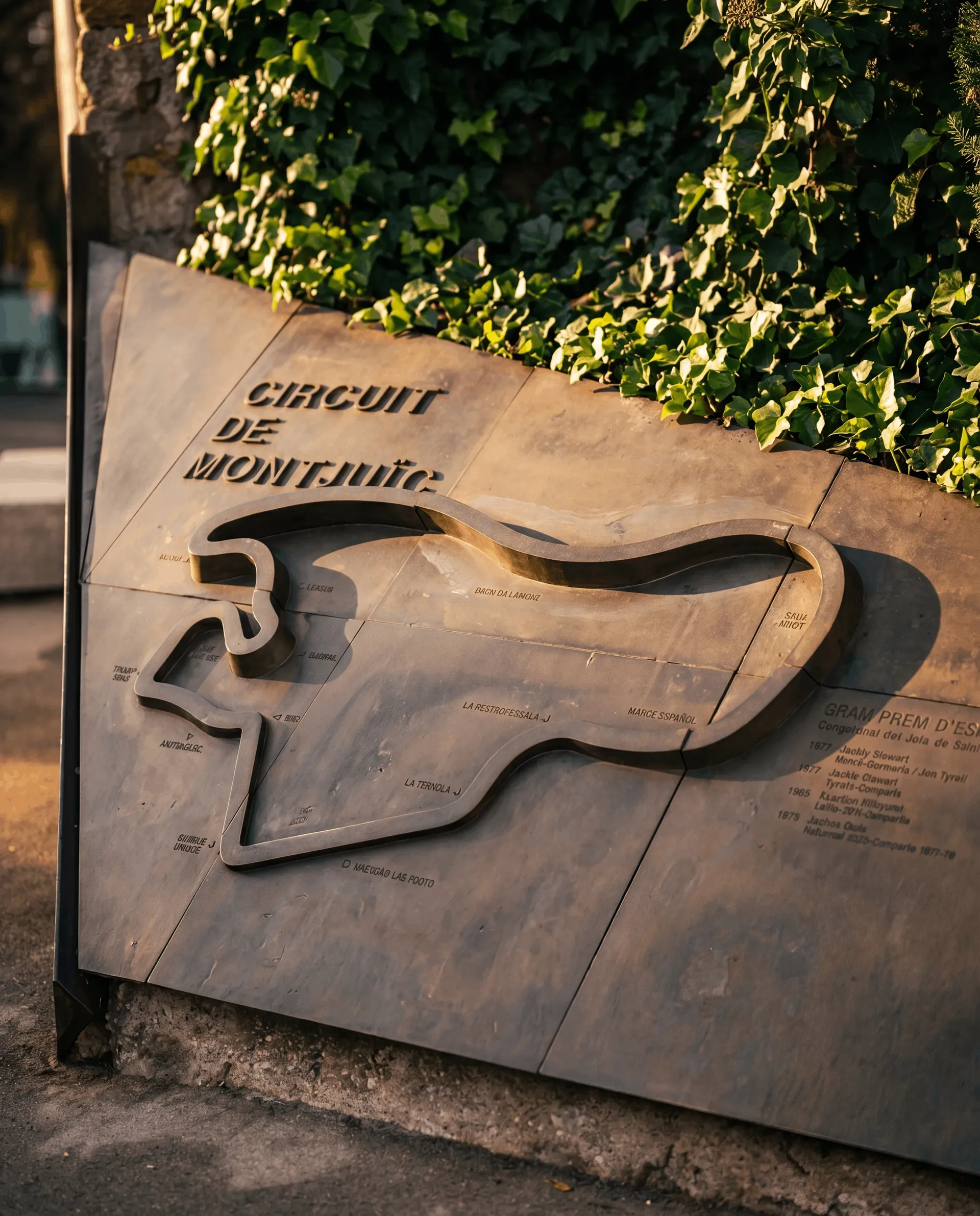 Close-up of the Circuit de Montjuïc memorial showing the track layout in relief