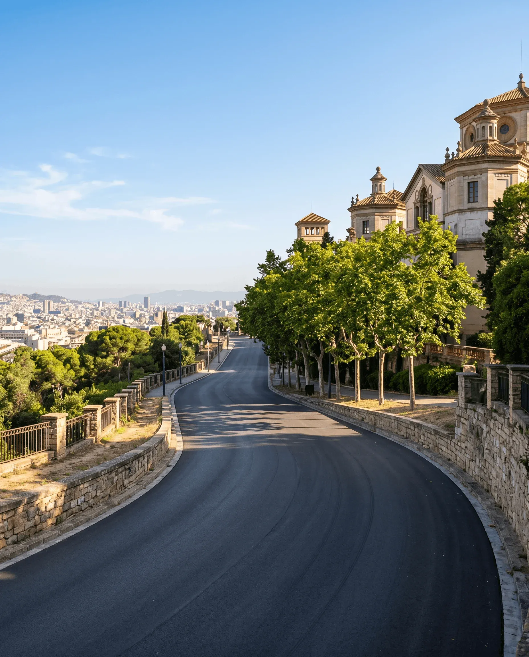 Empty curving road on Montjuïc in Barcelona with the city skyline in the distance