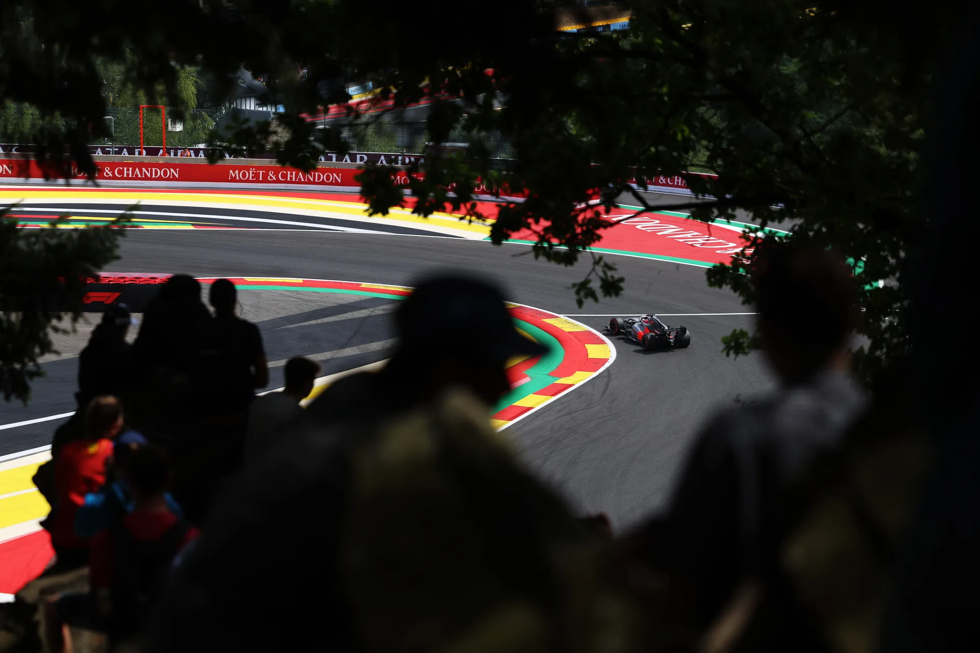 Audi R26 of Audi Revolut F1® Team seen through spectators and trees while cornering at Spa Francorchamps
