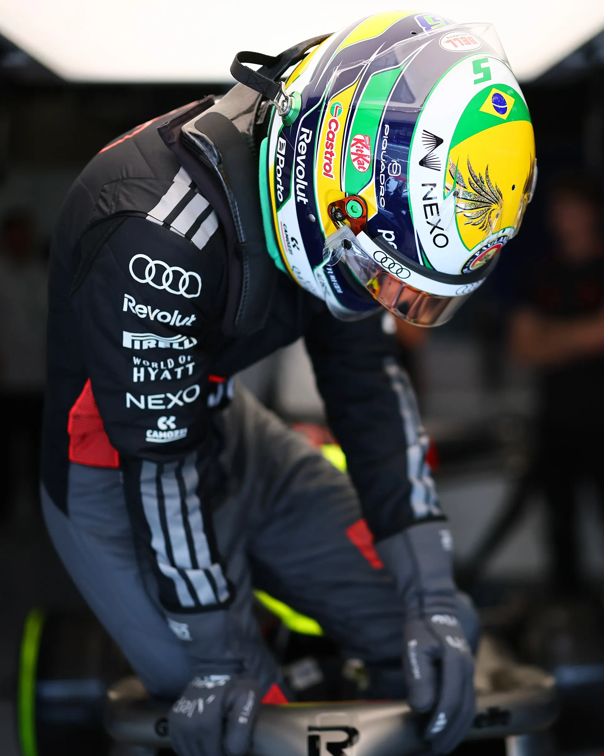 Gabriel Bortoleto of Audi Revolut F1® Team wearing his helmet in the garage during qualifying preparations at Spa Francorchamps