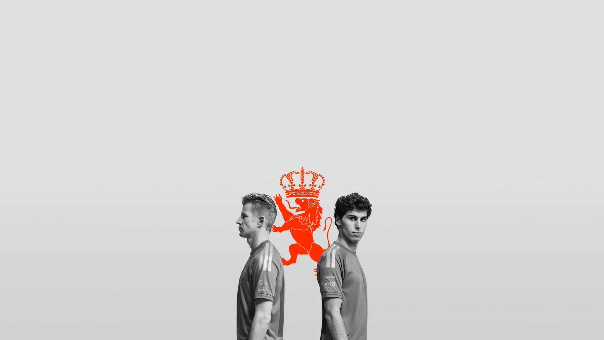 Black and white close up of Audi Revolut F1® Team driver Nico Hulkenberg and Gabriel Bortoleto back to back in front of the Belgian Flag in the studio