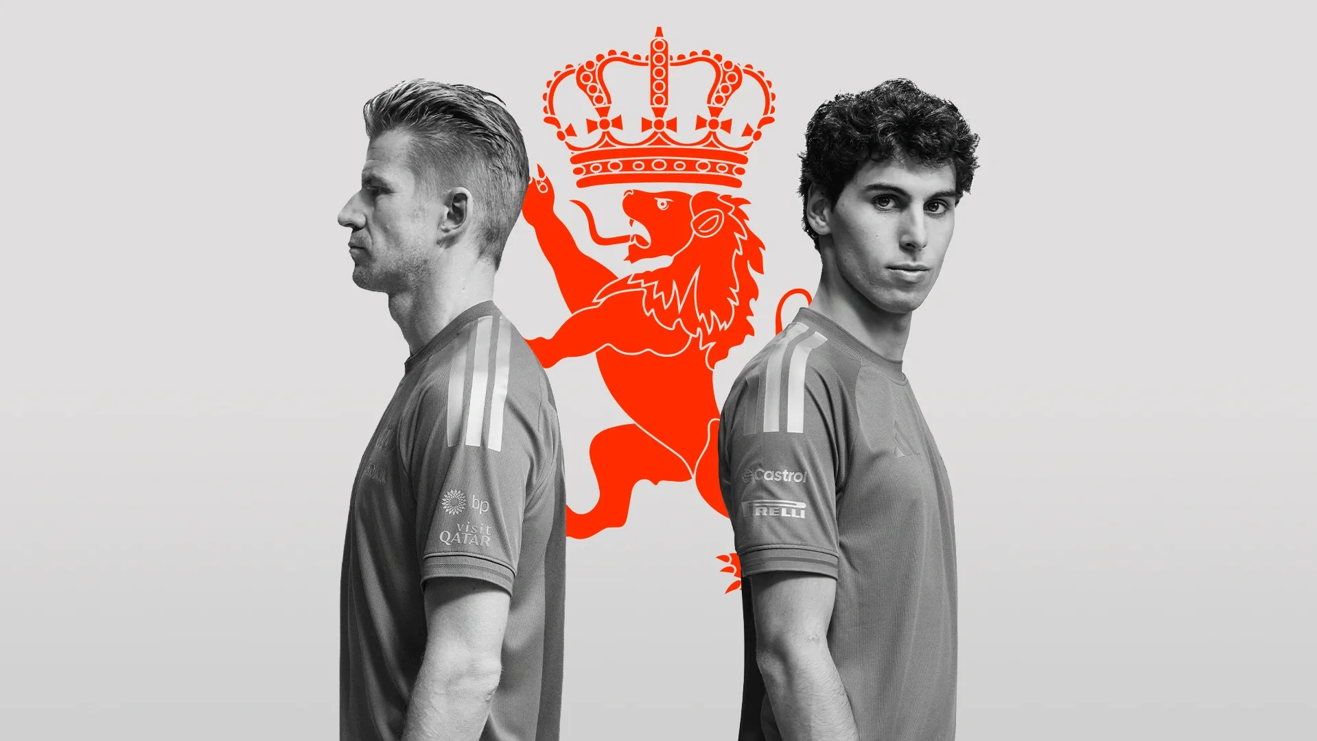 Black and white close up of Audi Revolut F1® Team driver Nico Hulkenberg and Gabriel Bortoleto back to back in front of the Belgian Flag in the studio