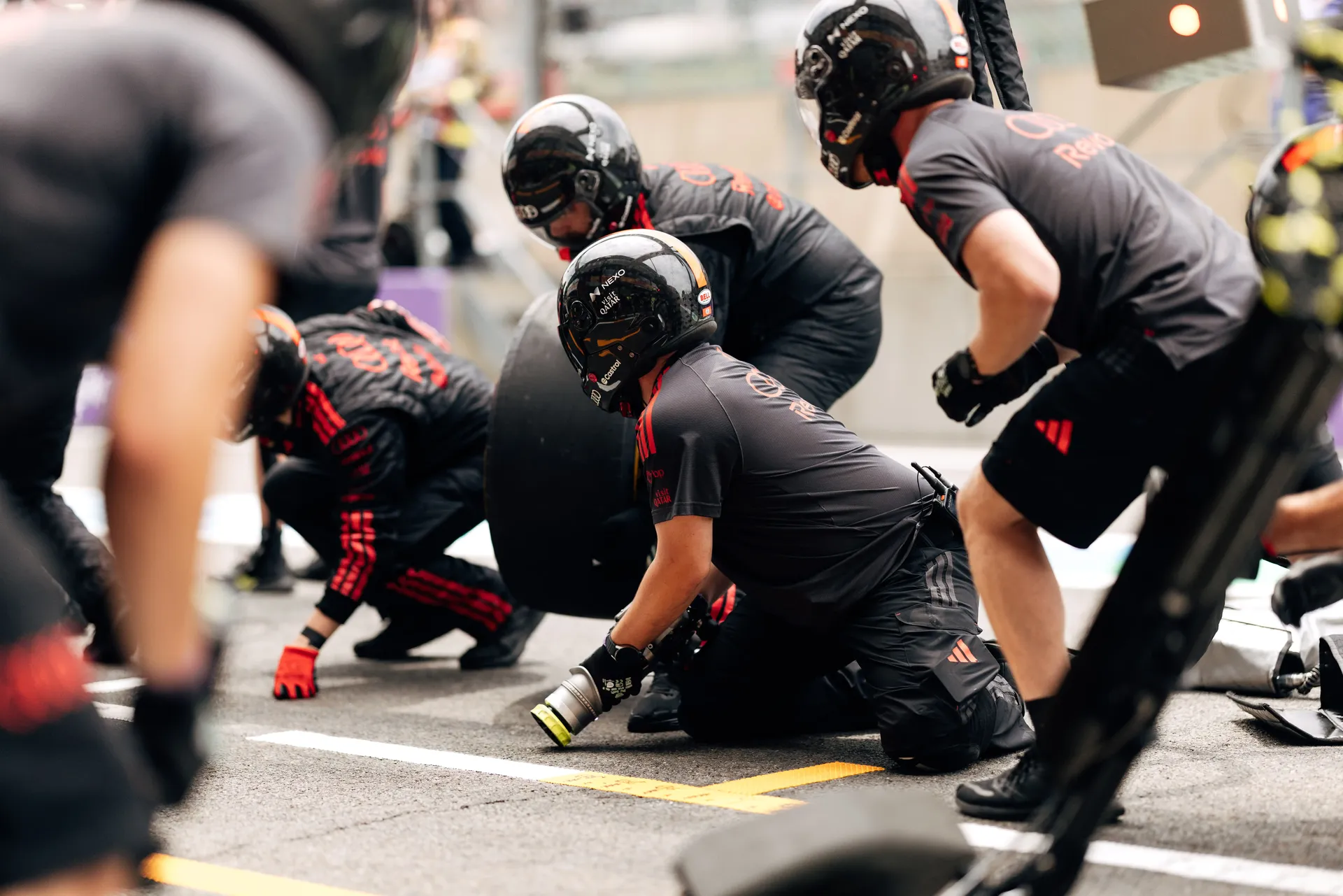 Audi Revolut F1® Team pit crew performs a pit stop practice during FP2 at the 2026 Belgian Grand Prix in Spa-Francorchamps.
