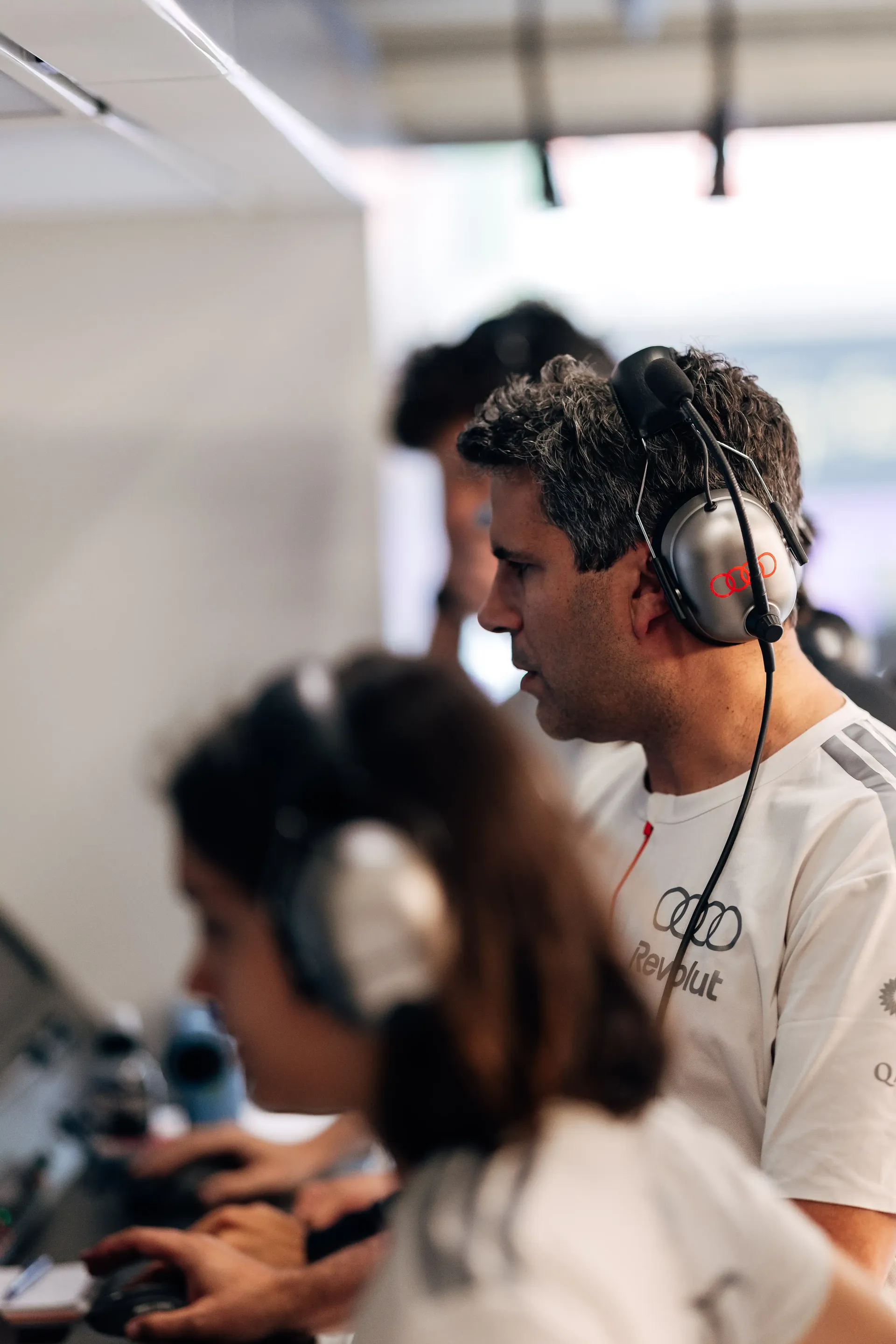 Audi Revolut F1® Team engineers analyse live data from the pit wall during FP2 at the 2026 Belgian Grand Prix in Spa-Francorchamps.