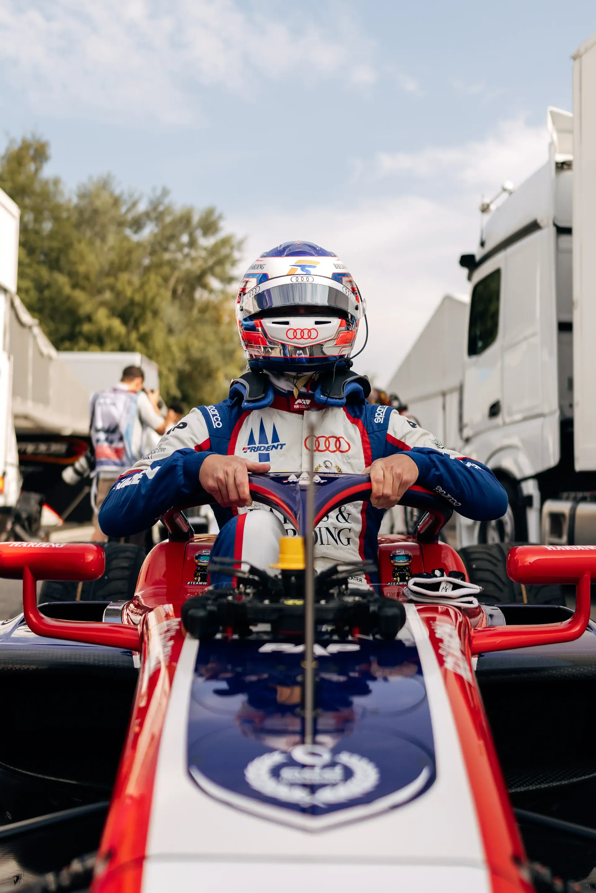 Freddie Slater sits in his Formula 3 car on the grid during the Formula 1® Belgian Grand Prix weekend with the Audi Revolut F1® Team.