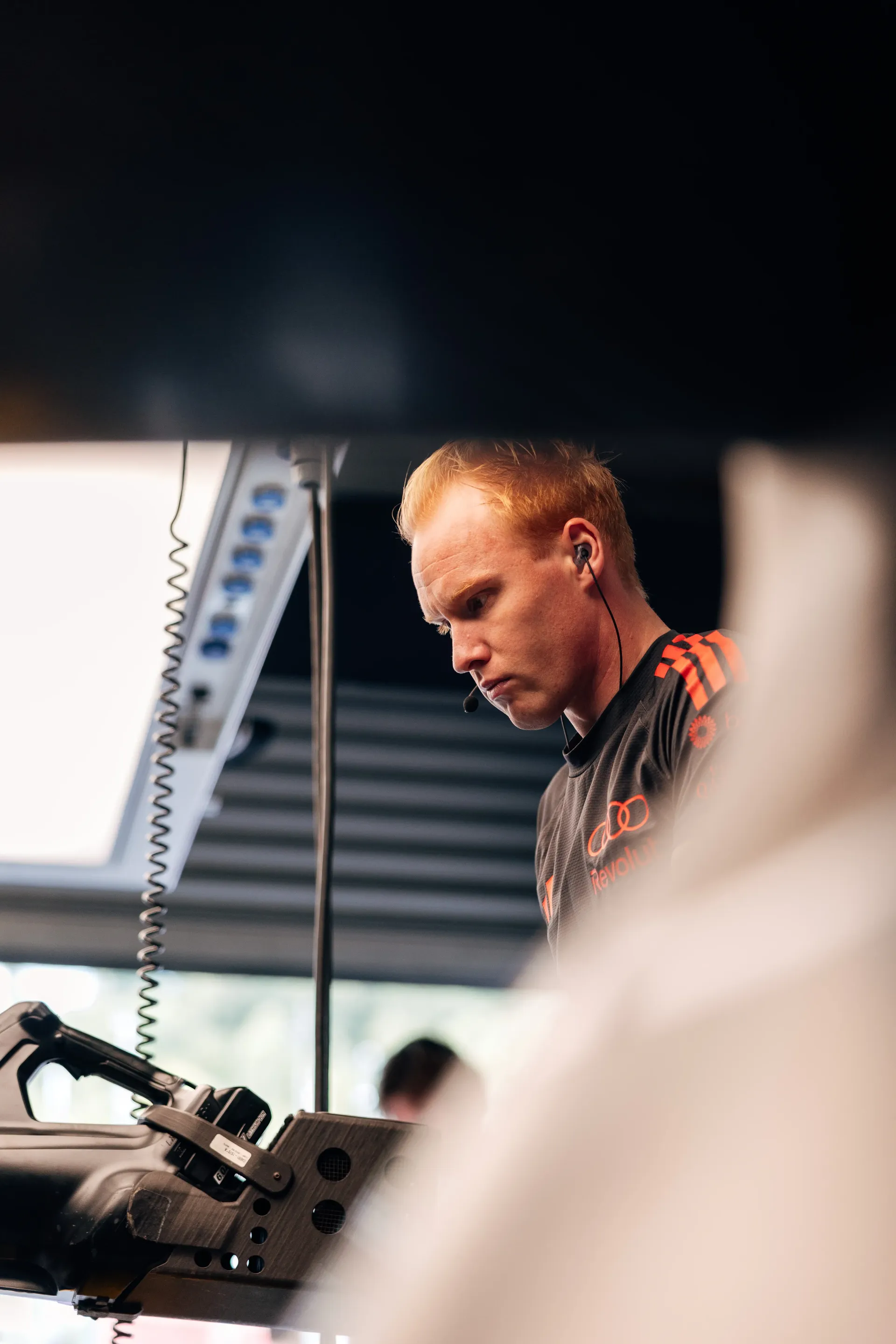 Audi Revolut F1® Team mechanic prepares the Formula 1® car inside the Audi Revolut F1® Team garage during the Belgian Grand Prix weekend.