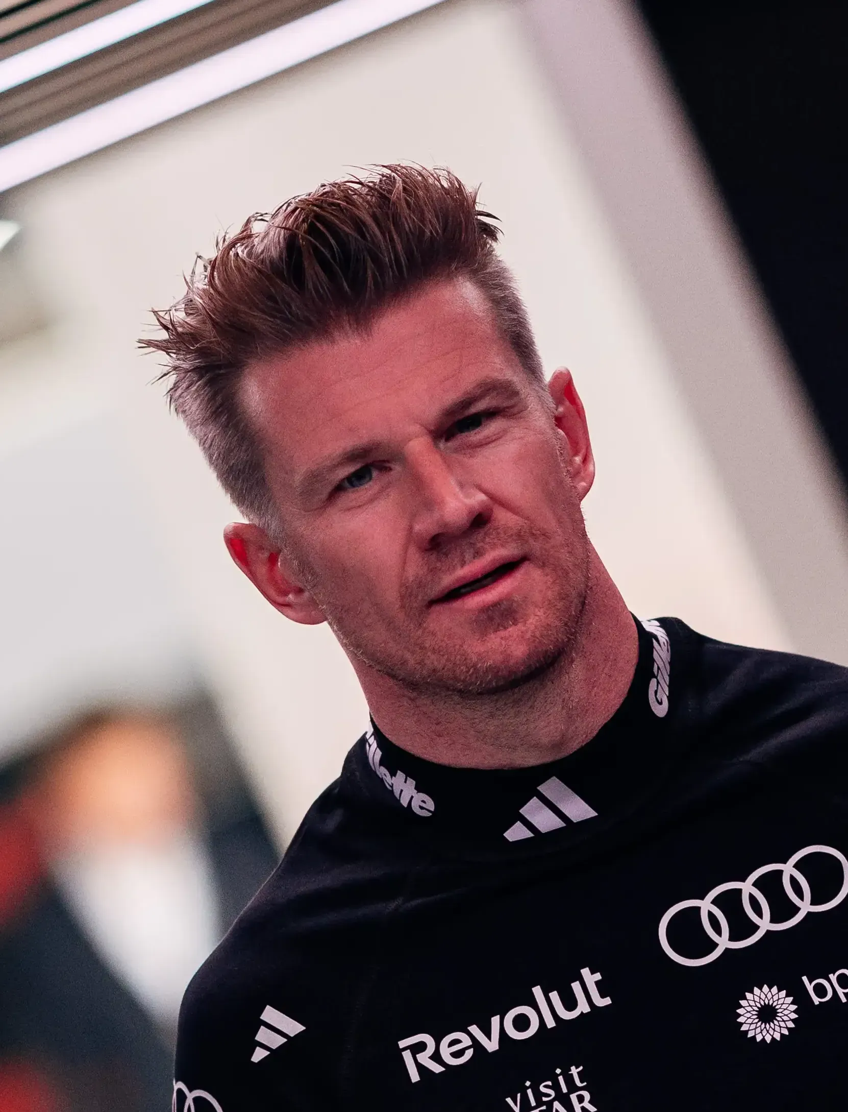 Close up of Nico Hulkenberg driver at Audi Revolut F1® Team inside the garage at the Belgian Grand Prix 2026