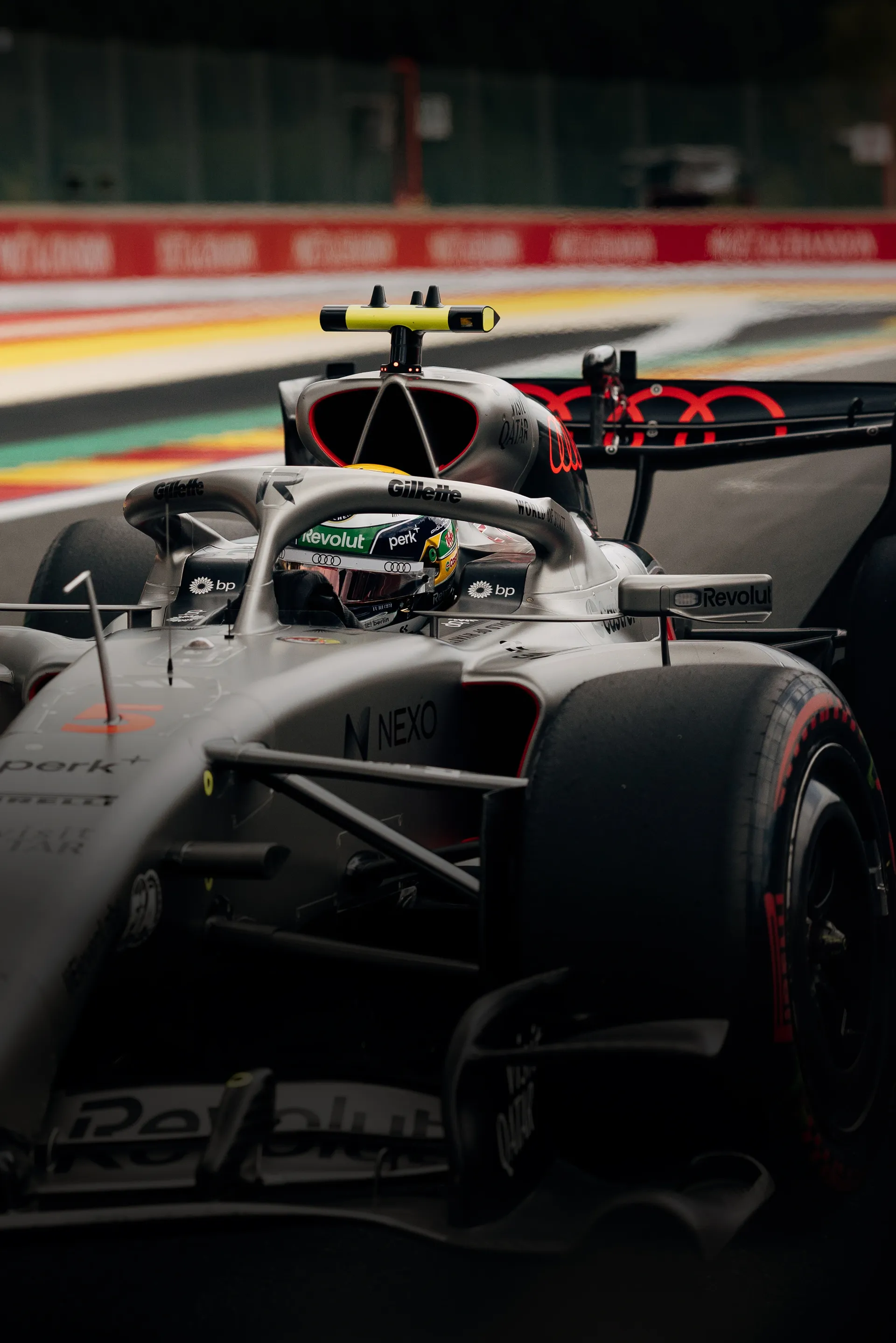 Audi Revolut F1® Team driver Gabriel Bortoleto inside the Audi R26 on the race track at the Belgian GP 2026