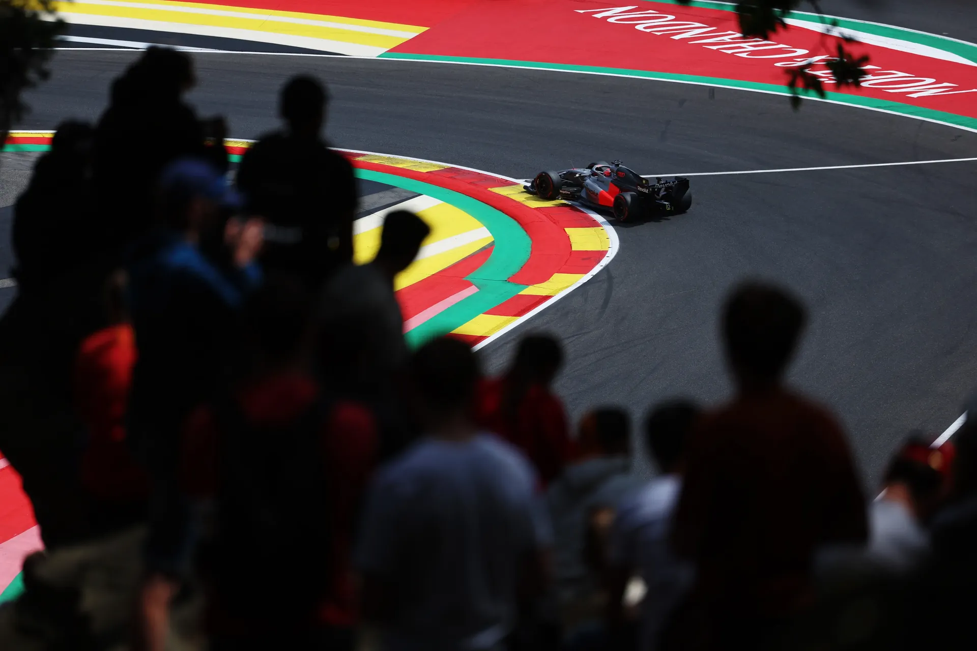 Side view of the Audi Revolut F1® Team car Audi R26 on the race track at the Belgian Grand Prix 2026
