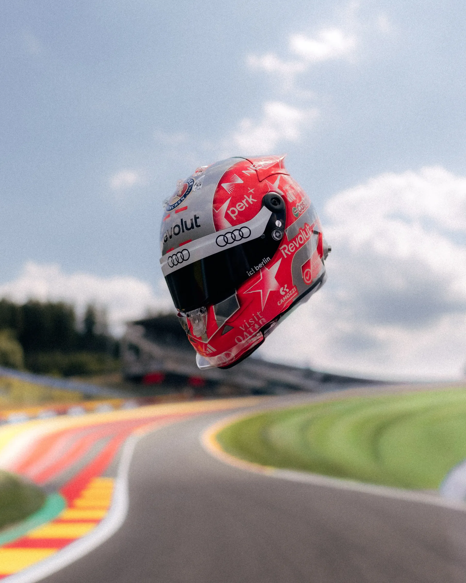 Nico Hulkenberg's special Belgian Grand Prix helmet appears suspended above the Spa-Francorchamps circuit in a creative reveal for the Audi Revolut F1® Team.