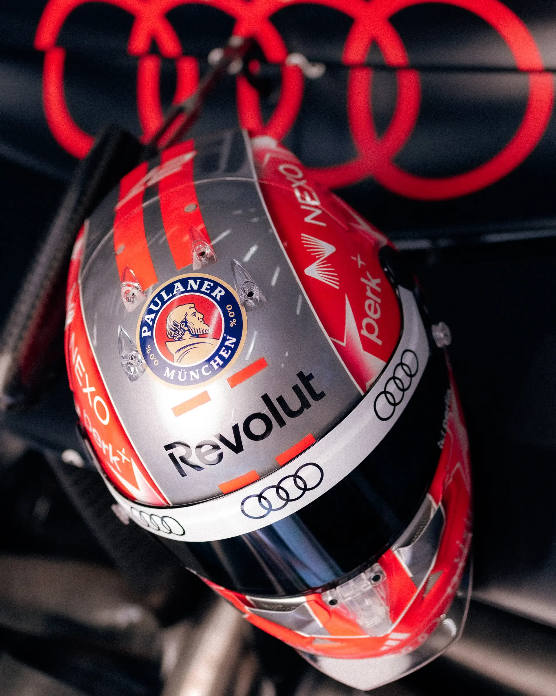Top view of Nico Hulkenberg's special Belgian Grand Prix helmet featuring the Audi rings, Revolut branding and Paulaner crest for the Audi Revolut F1® Team.