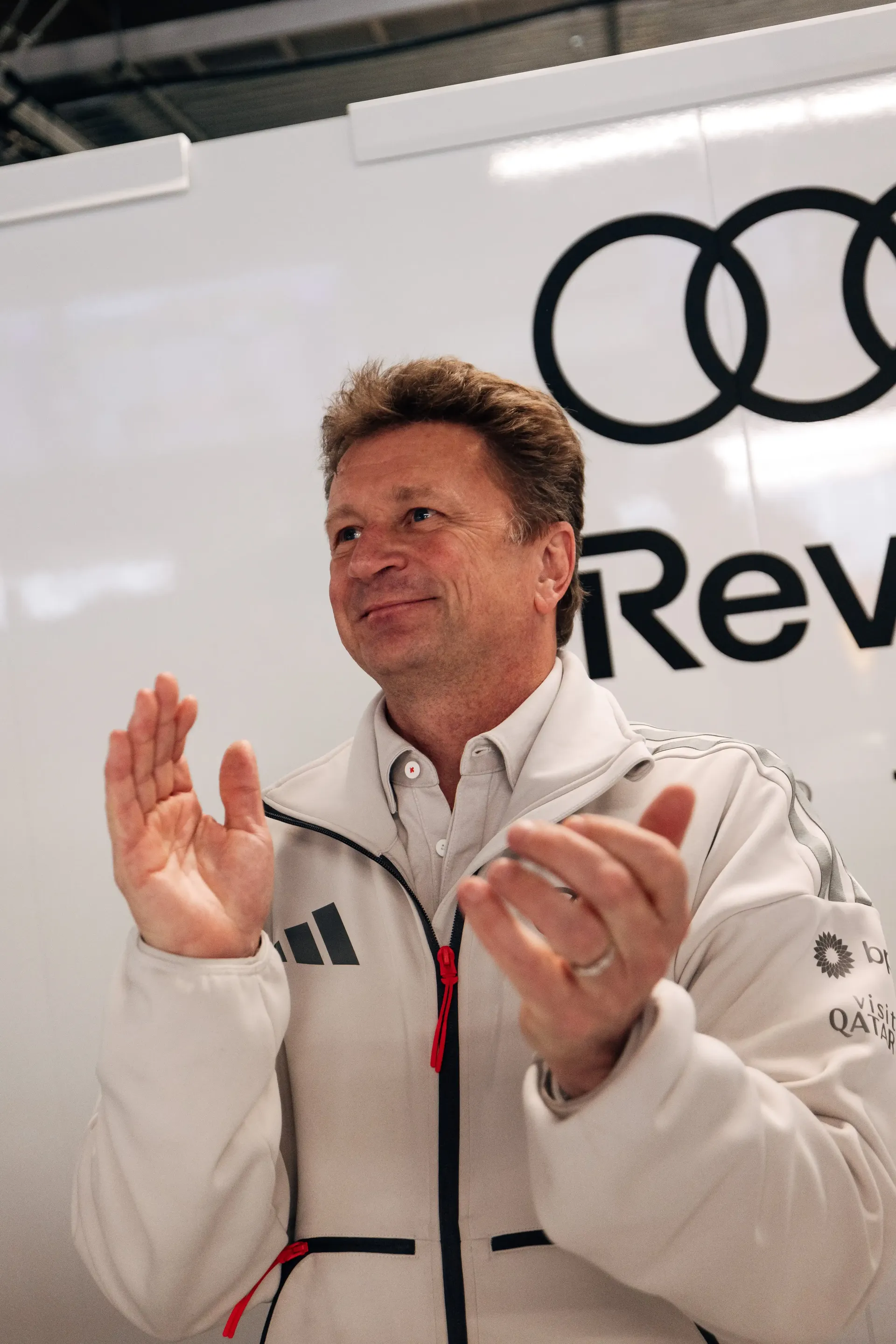 Allan McNish Racing Director at the Audi Revolut F1® Team cheering inside the booth at the Canada Grand Prix 2026 on racing day