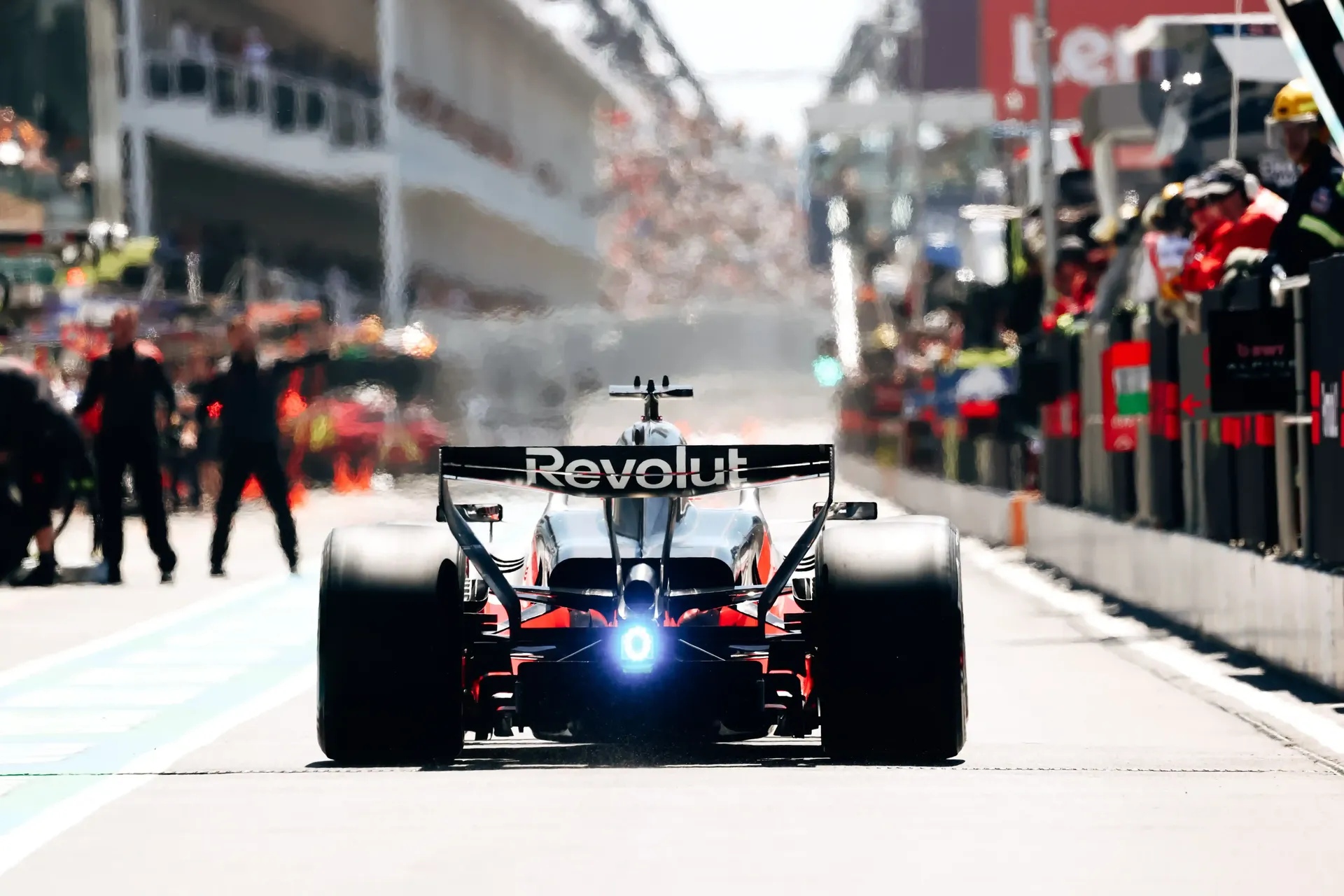 Rear view of the Audi Revolut F1® Team car R26 at the Canada Grand Prix 2026 driving into the pit stop