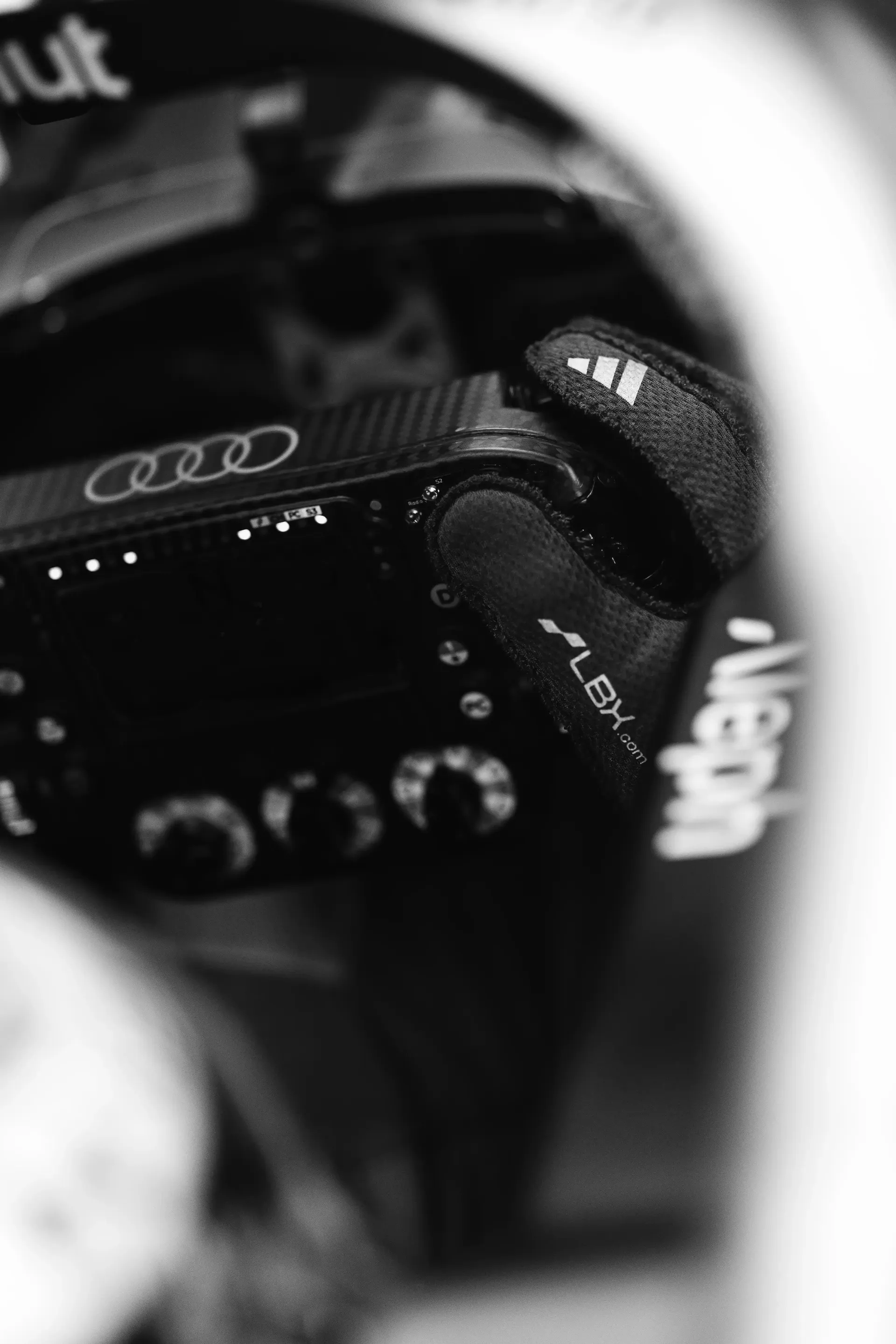 Black and White Steering Wheel Close up of the Audi Revolut F1® Team car cockpit at the Canada Grand Prix 2026