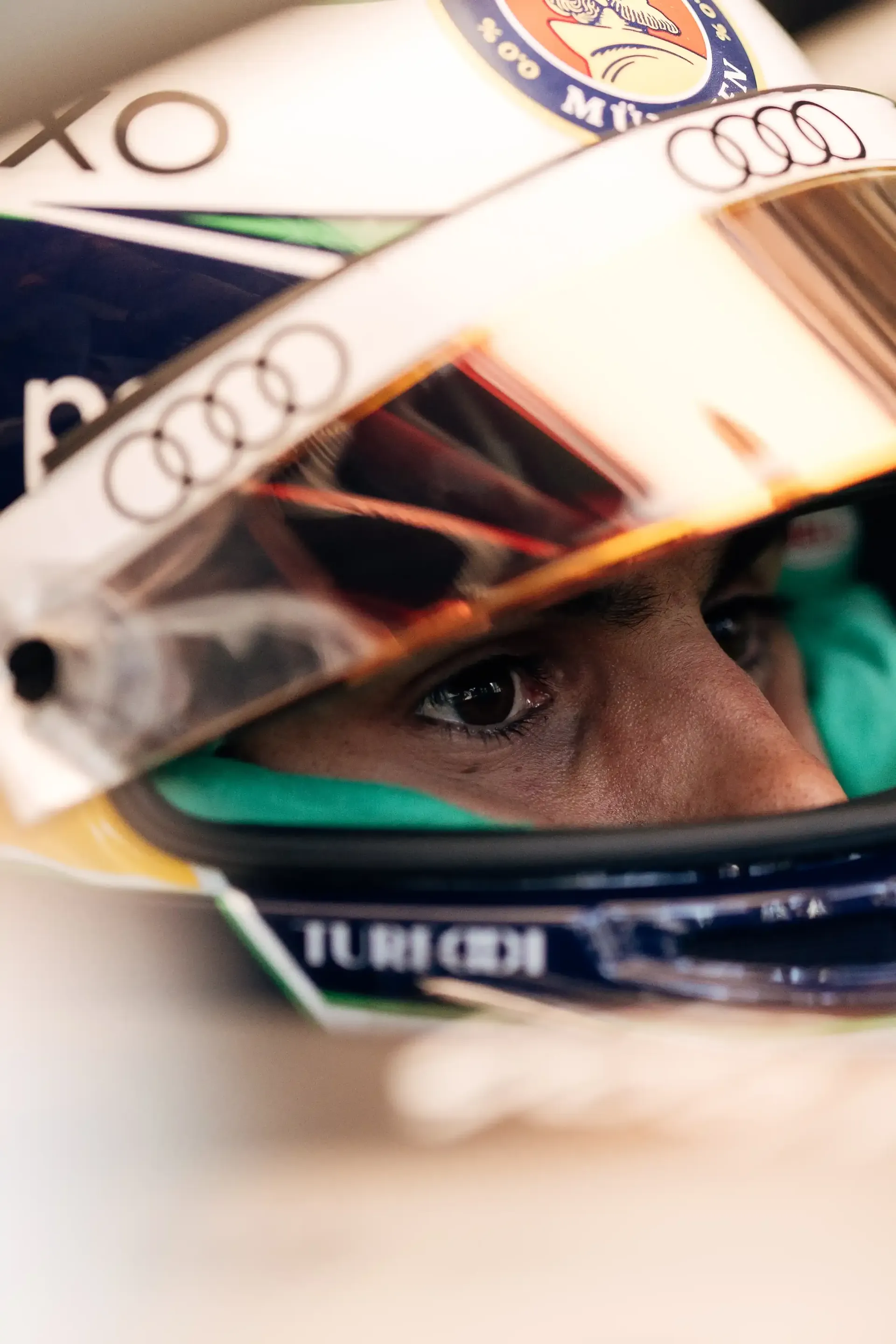Close up of Gabriel Bortoletos Helmet inside the Audi Revolut F1® Team car cockpit at the Canada Grand Prix 2026