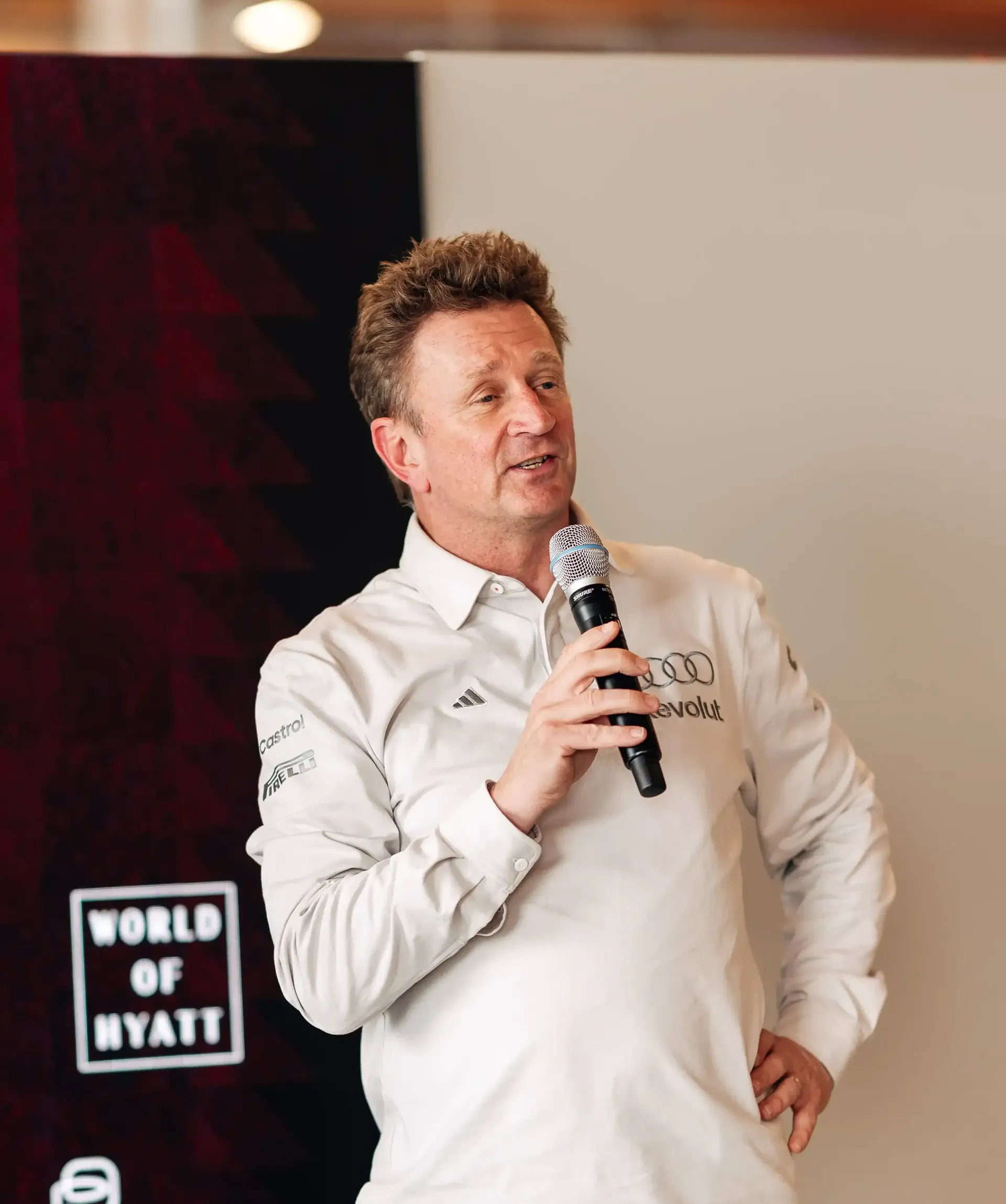 Allen McNish, Racing Director at the Audi Revolut F1® Team holding a speech at the Canada Grand Prix 2026