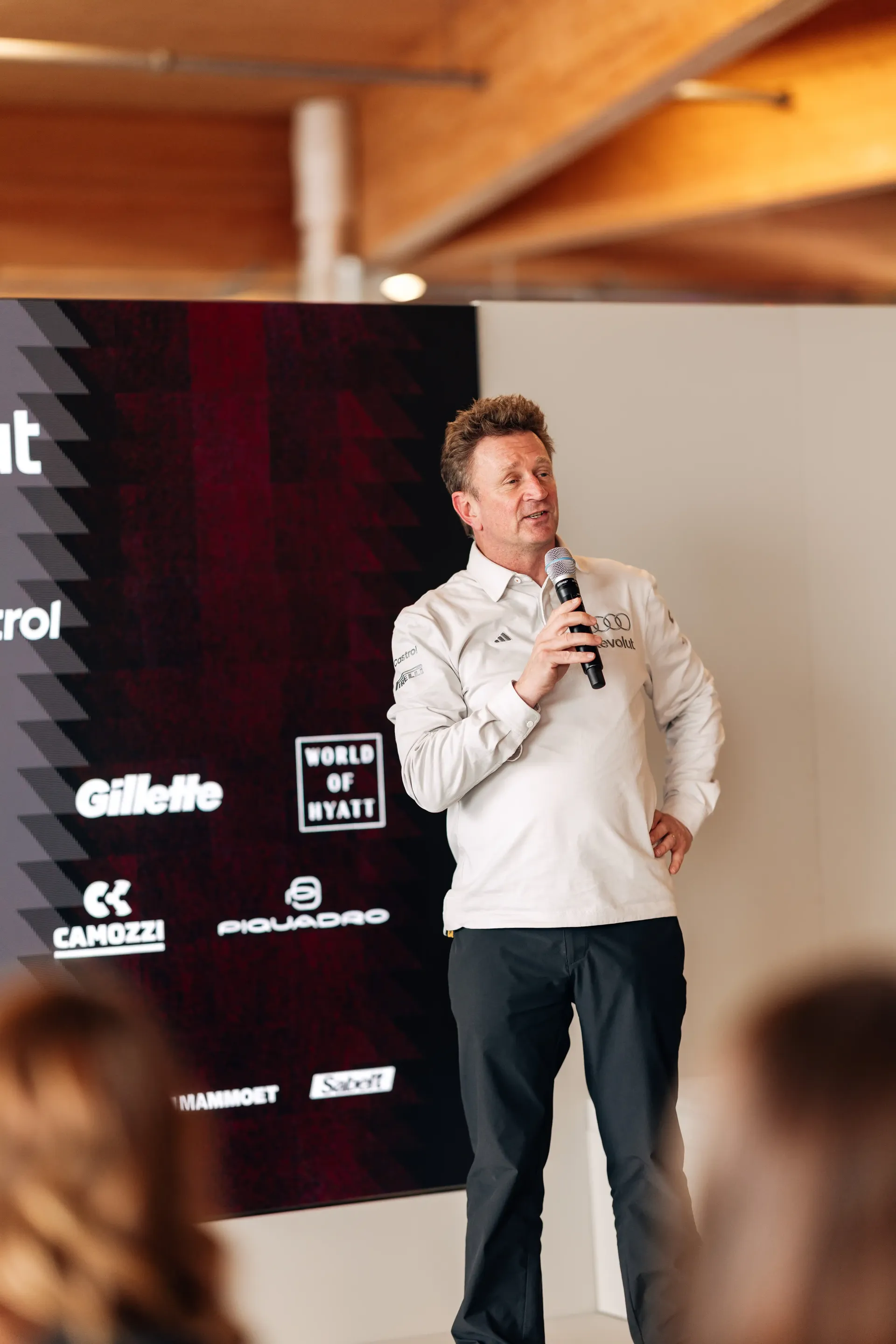 Allen McNish, Racing Director at the Audi Revolut F1® Team holding a speech at the Canada Grand Prix 2026