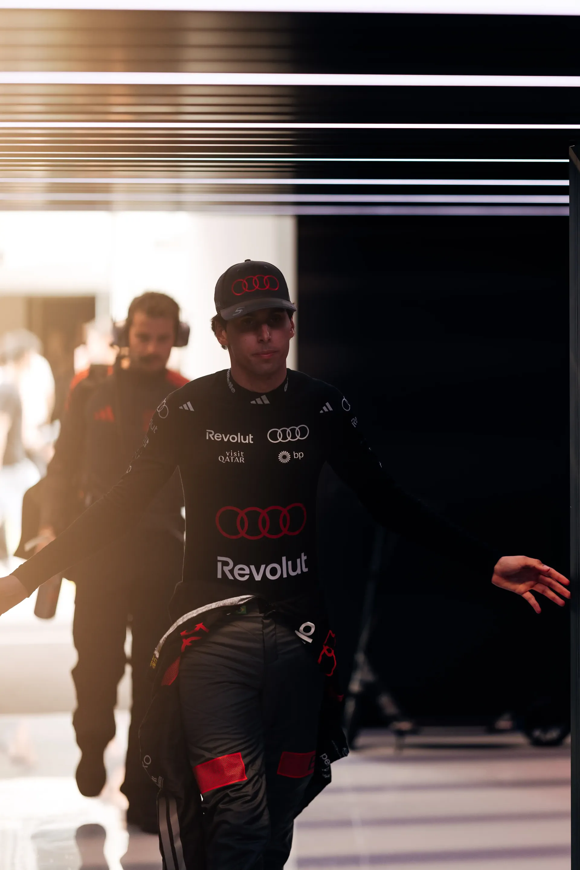 Gabriel Bortoleto driver at the Audi Revolut F1® Team walks inside the garage at the Canada Grand Prix 2026