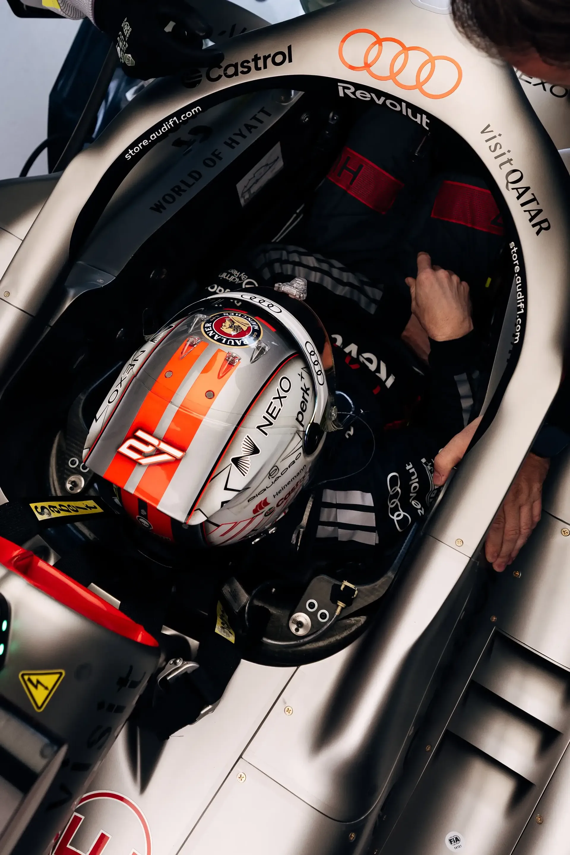 Top close up view of Nico Hulkenberg inside the Audi Revolut F1® Team car R26 at the Canada Grand Prix 2026