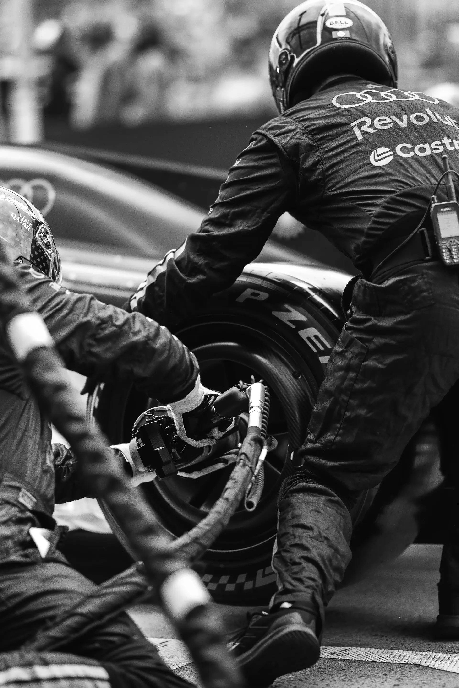 Close up of Audi Revolut F1® Team mechanic on a heavy pitstop action at the Canada Grand Prix 2026
