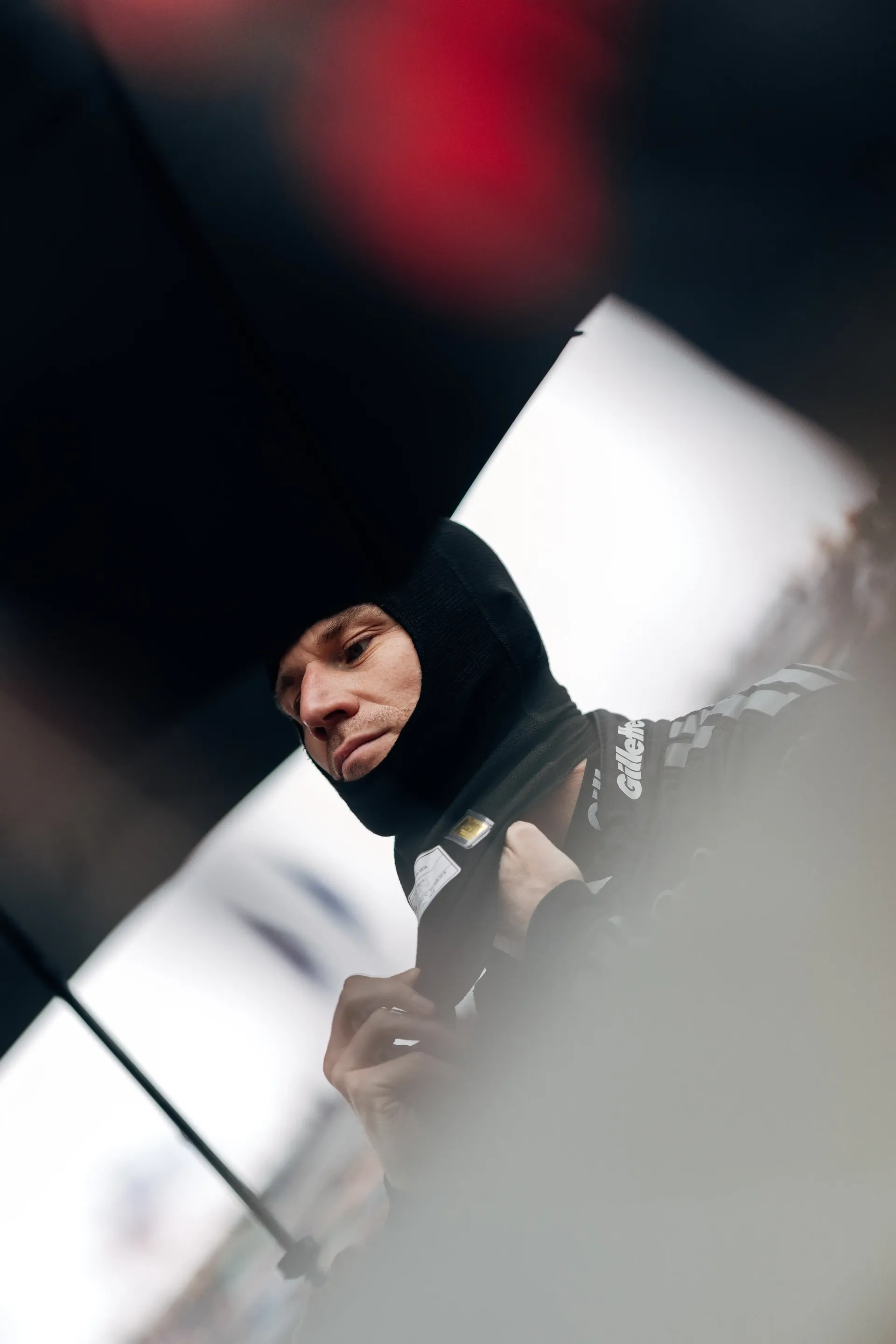 Close up of Nico Hulkenberg driver at the Audi Revolut F1® Team puting on his mask inside the garage at the Canada Grand Prix 2026