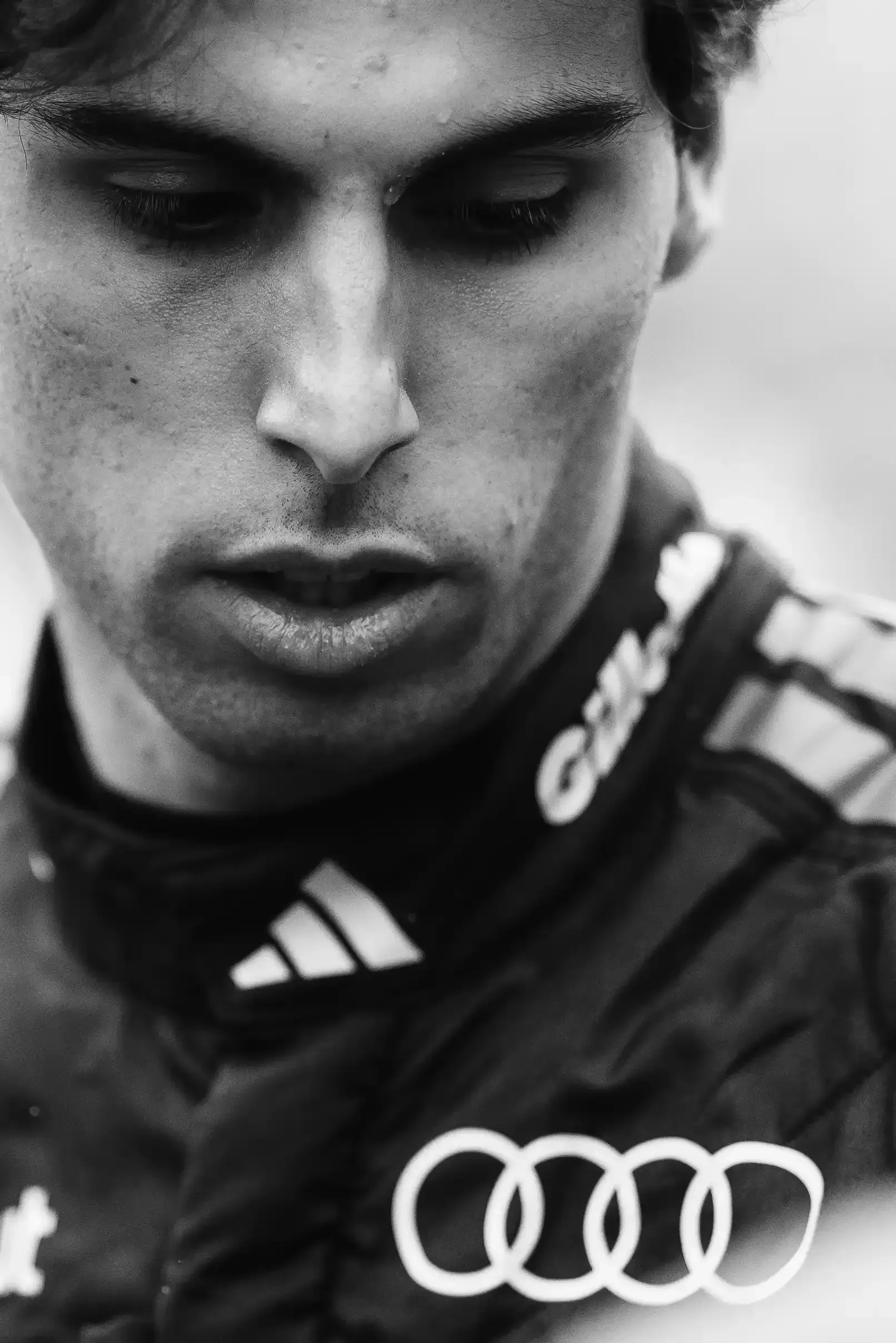 Black and White Close Up of Gabriel Bortoleto driver at the Audi Revolut F1® Team at the Canada Grand Prix 2026