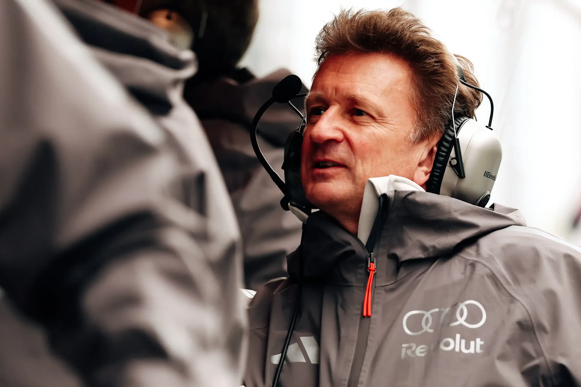 Allan McNish Racing Director at the Audi Revolut F1® Team talking to crew members at the Canada Grand Prix 2026