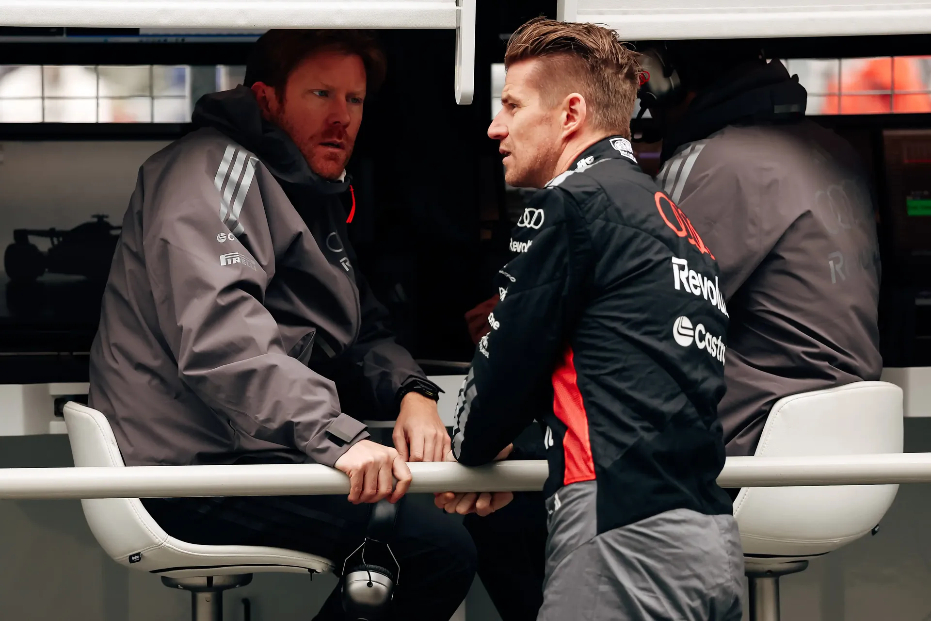 Nico Hulkenberg driver at the Audi Revolut F1® Team talking to crew engineer at the Canada Grand Prix 2026