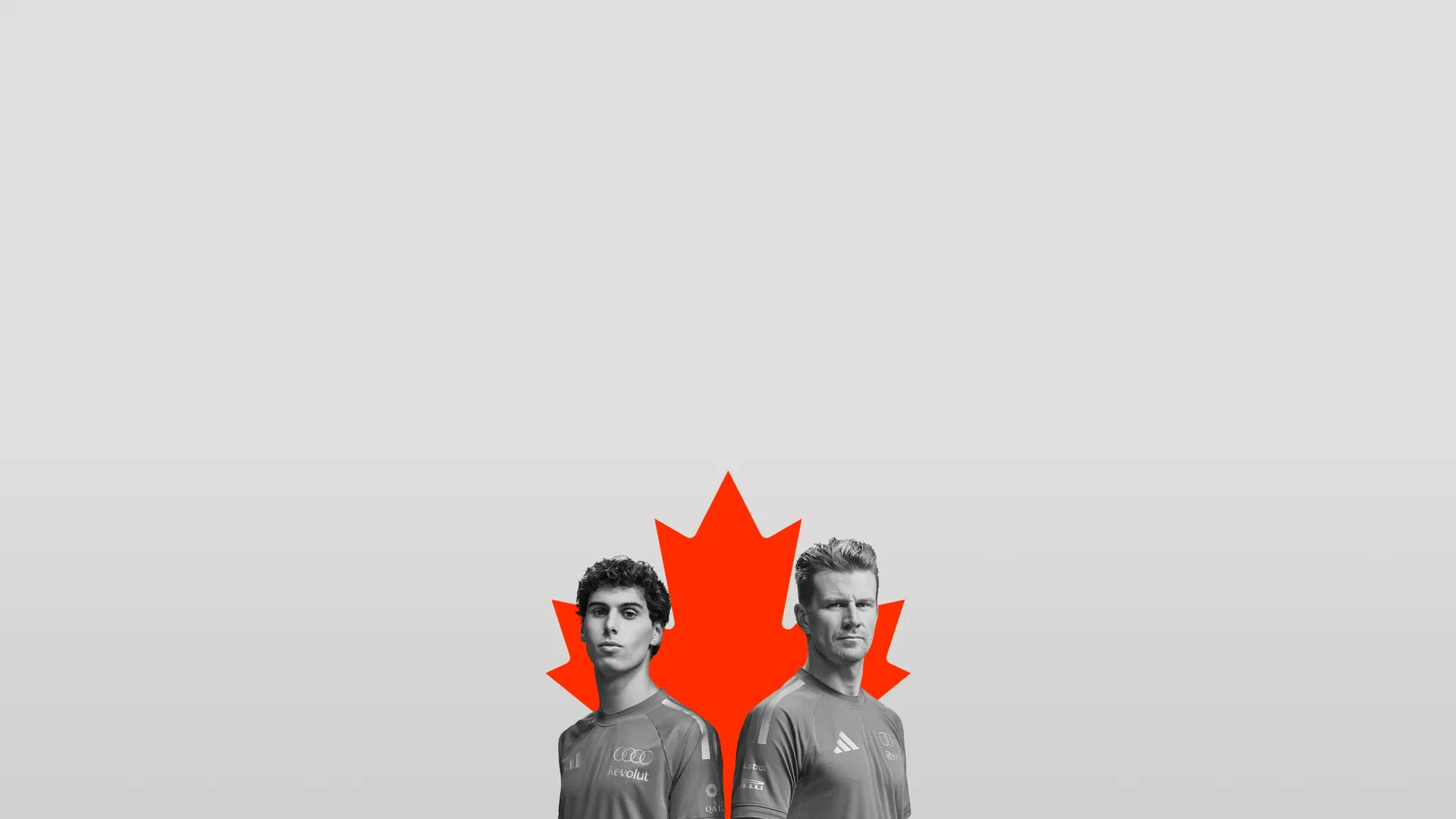 Gabriel Bortoleto and Nico Hulkenberg, drivers of the Audi Revolut F1® Team, standing side by side in front of the canadian Flag in the studio