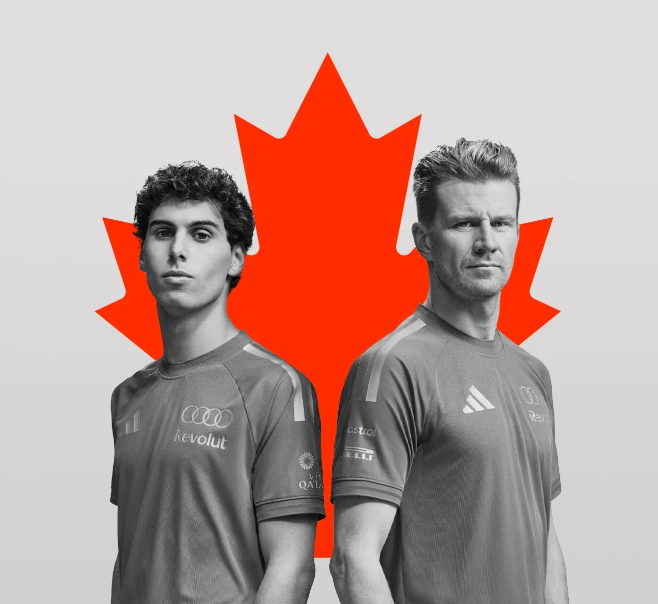 Gabriel Bortoleto and Nico Hulkenberg, drivers of the Audi Revolut F1® Team, standing side by side in front of the canadian Flag in the studio