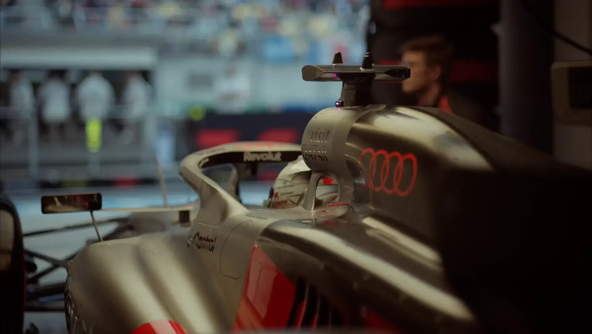 Close up of the rear of the Audi Revolut F1® Team car R26 in the garage