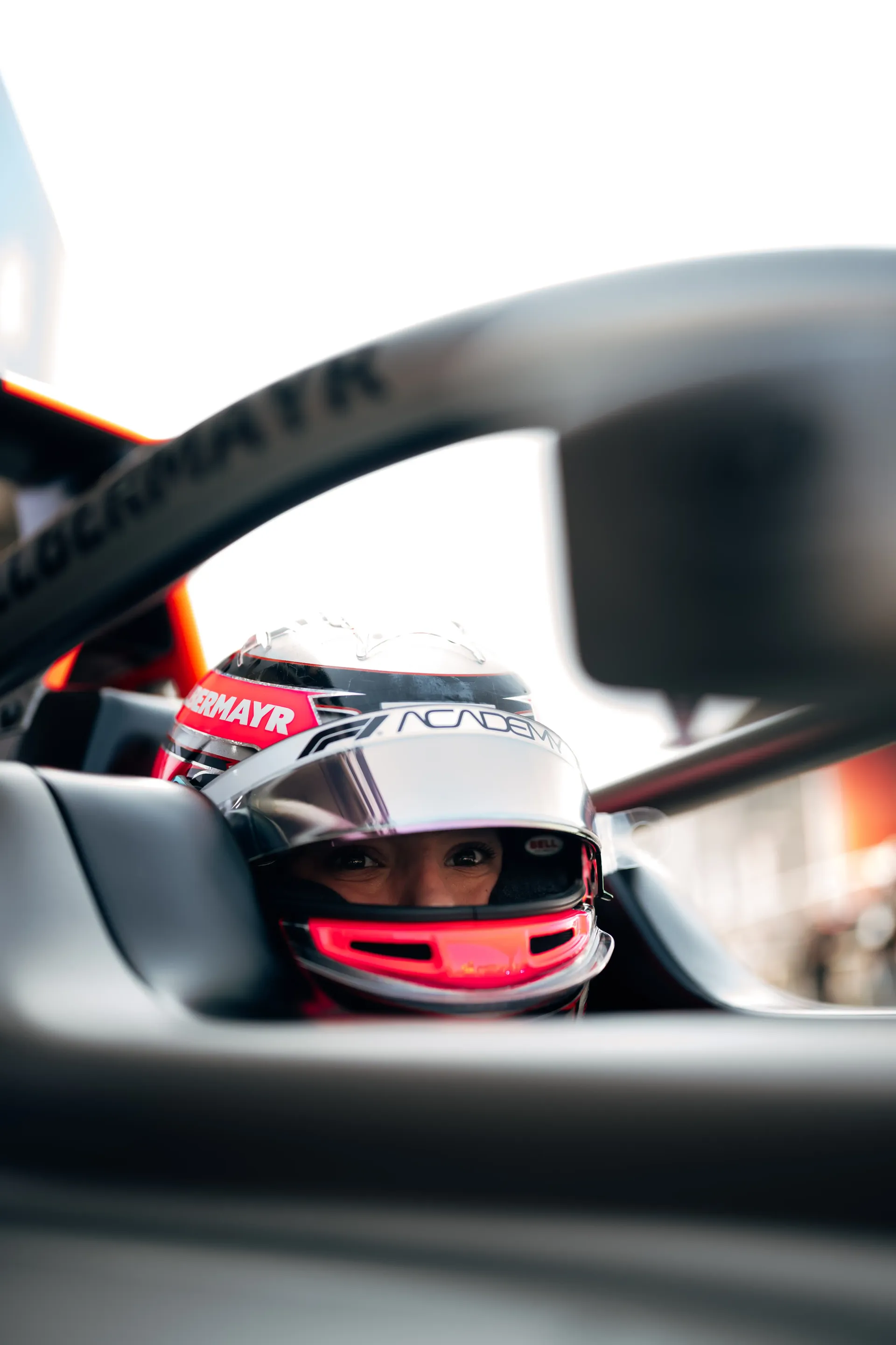 Emma Felbermayr, Audi Revolut F1® Team Academy driver, inside the cockpit with the halo and bodywork visible.