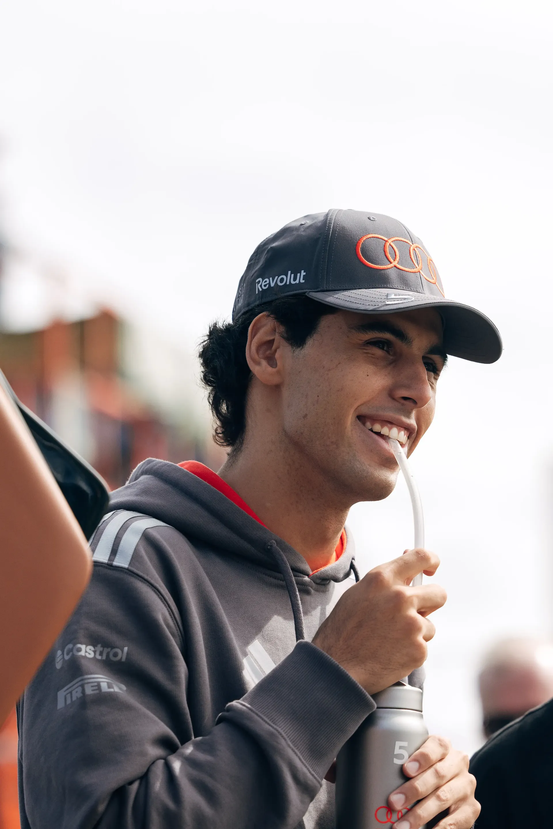 Gabriel Bortoleto smiling and interacting with fans during the Audi Revolut F1® Team Dutch Grand Prix fan parade.