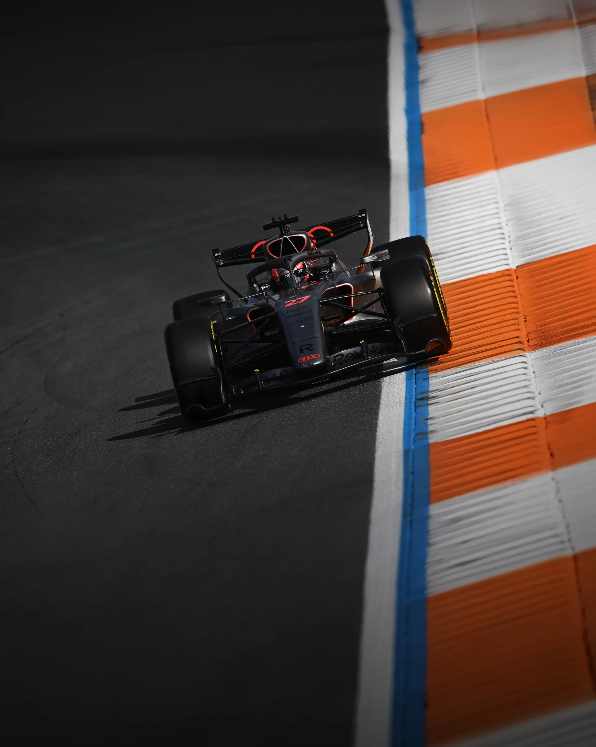 Audi Revolut F1® Team driver Nico Hulkenberg inside the Audi R26 team car on the racetrack at the Dutch GP 2026 on race day