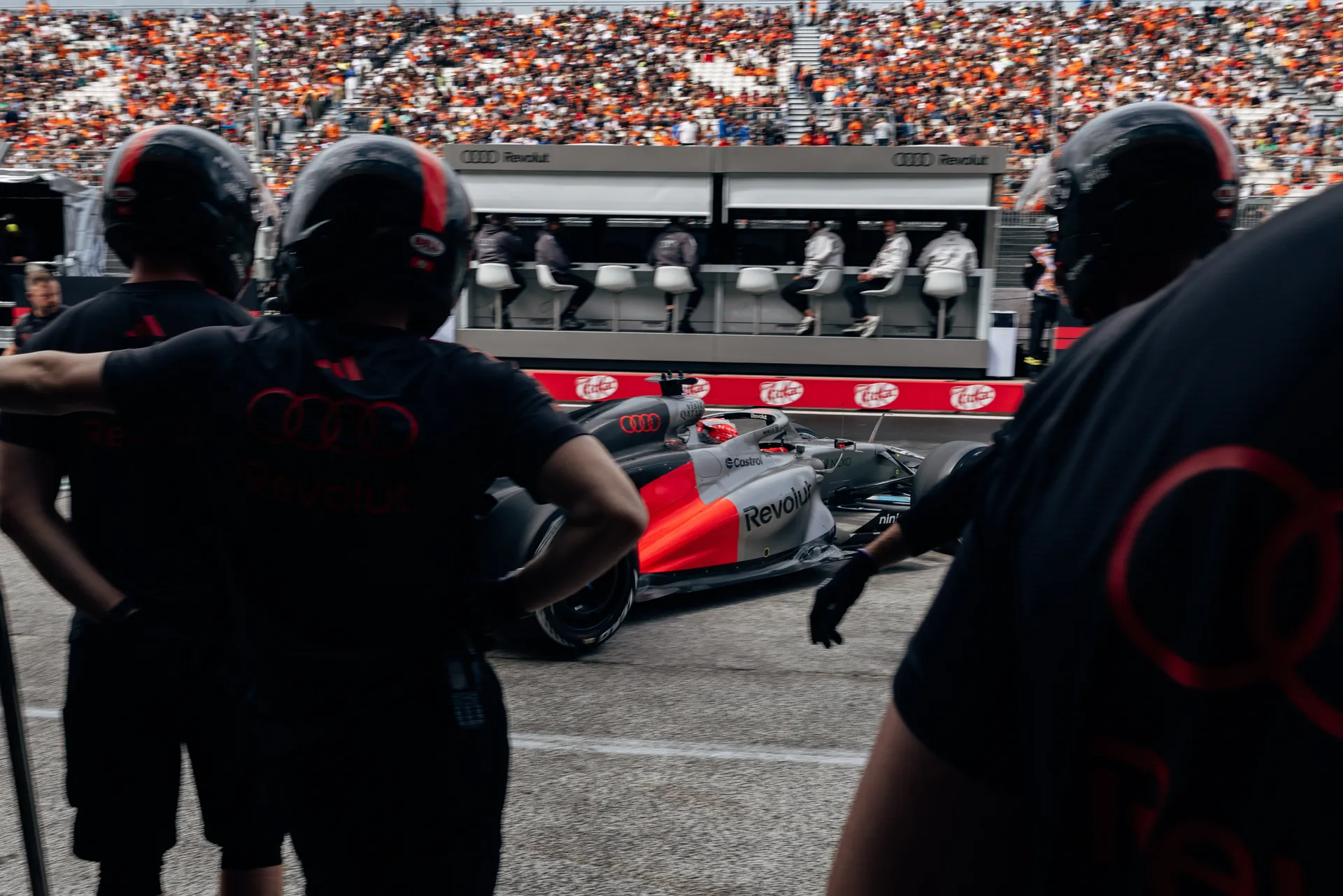 Audi Revolut F1® Team car Audi R26 leaving the garage at the Dutch GP 2026 on race day