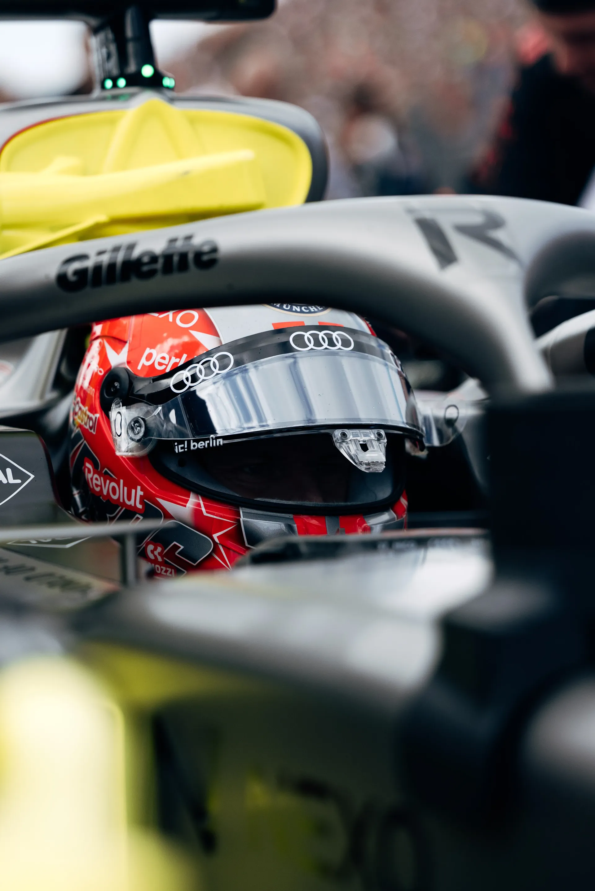 Close-up of an Audi Revolut F1® Team driver Nico Hulkenberg in the cockpit of the Audi R26