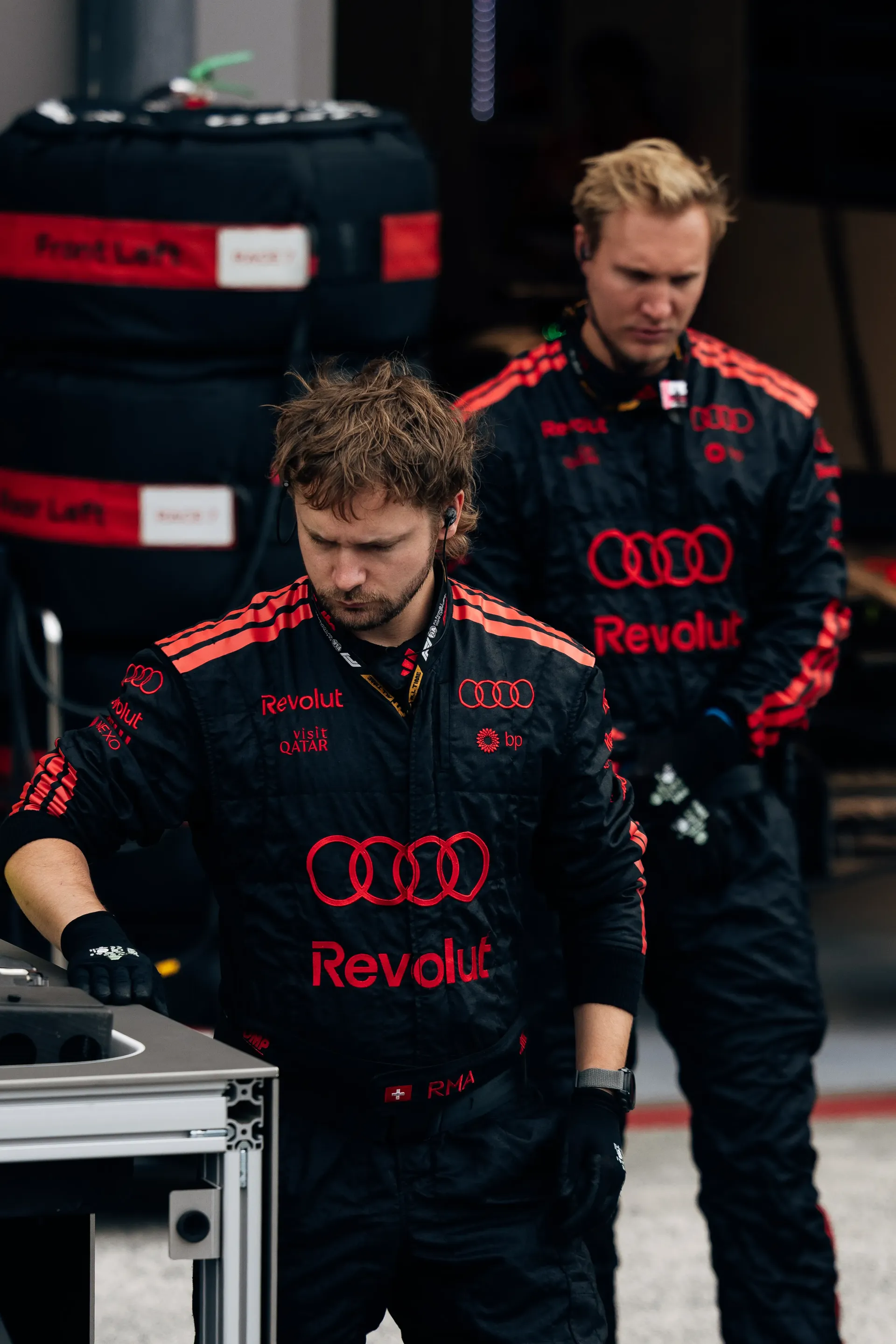 Audi Revolut F1® Team mechanics prepare equipment in the garage ahead of the Dutch Grand Prix.