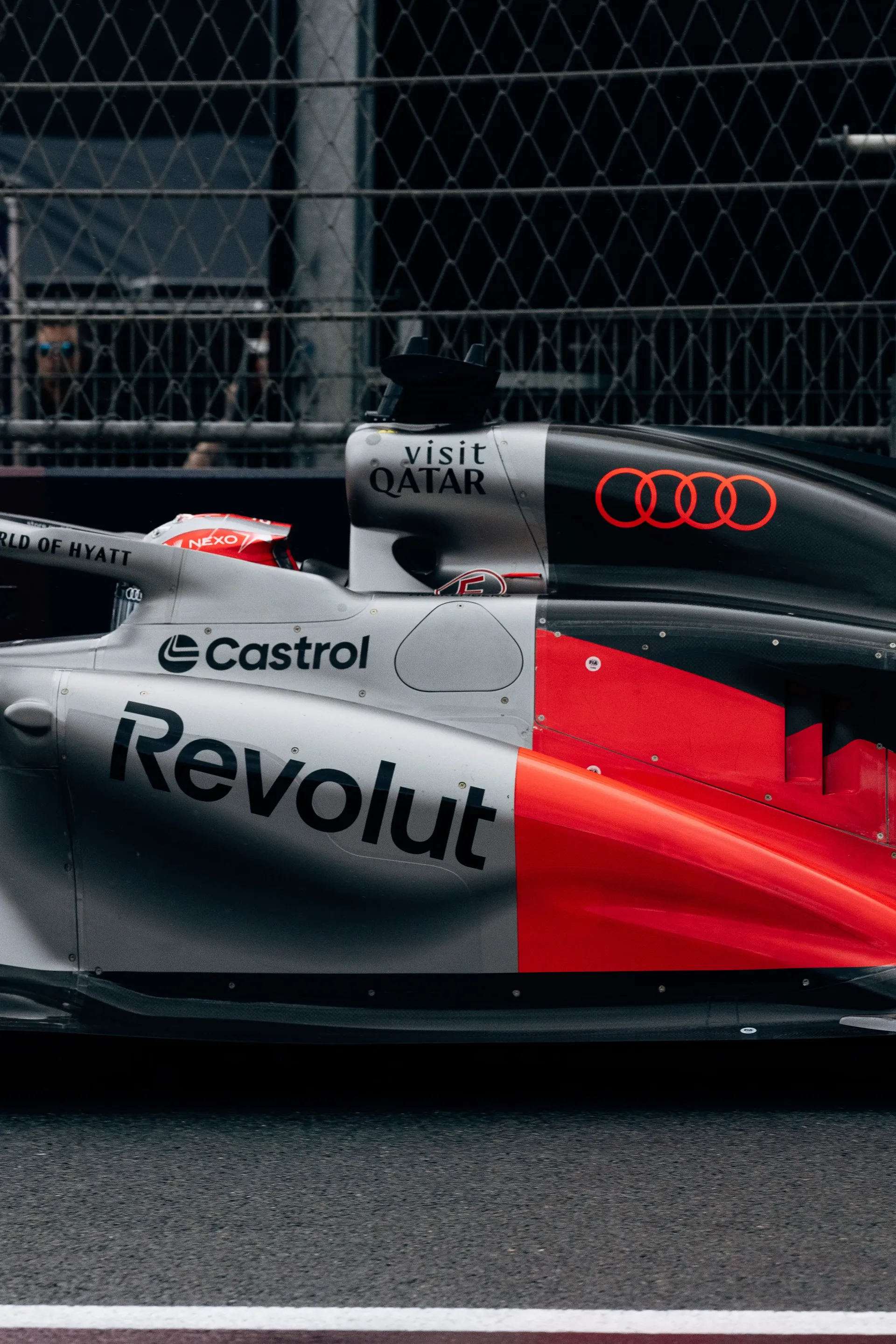 Close-up of the front wing and side of the Audi R26 on the Dutch Grand Prix grid.