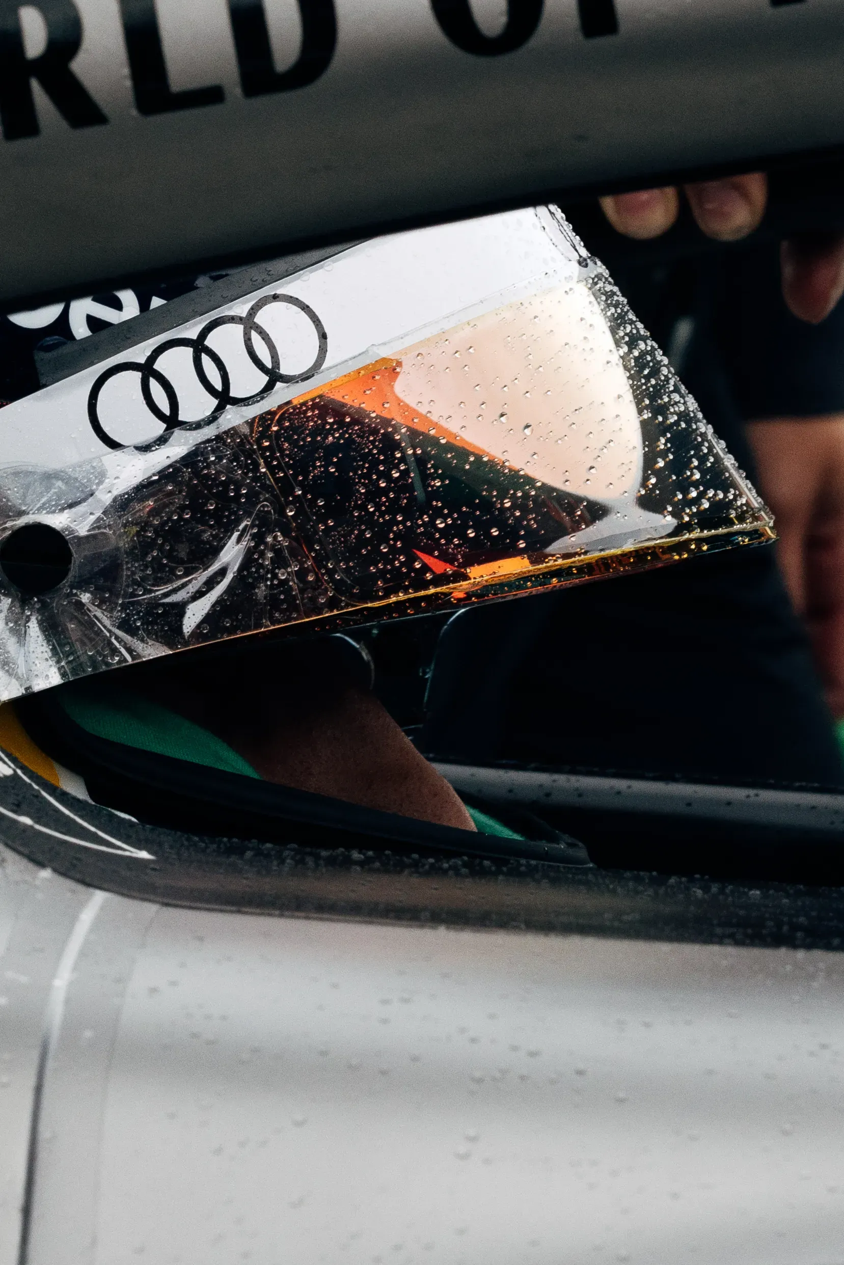 Close-up of Audi Revolut F1® Team driver gabriel Bortoletos helmet inside the cockpit of the Audi R26 at the Dutch GP 2026 ahead of the race.