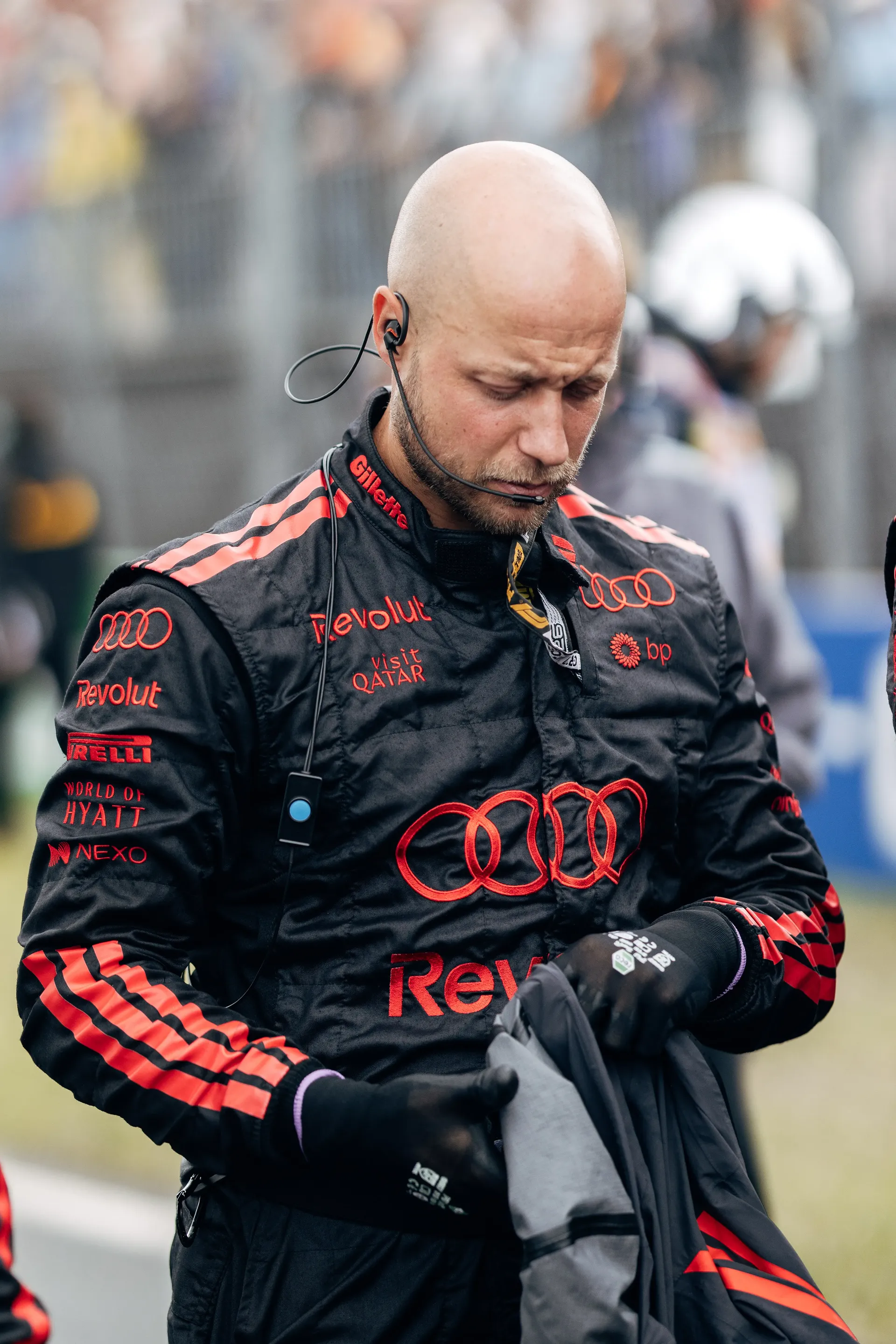 Audi Revolut F1® Team mechanic prepares his gloves ahead of the Dutch Grand Prix.
