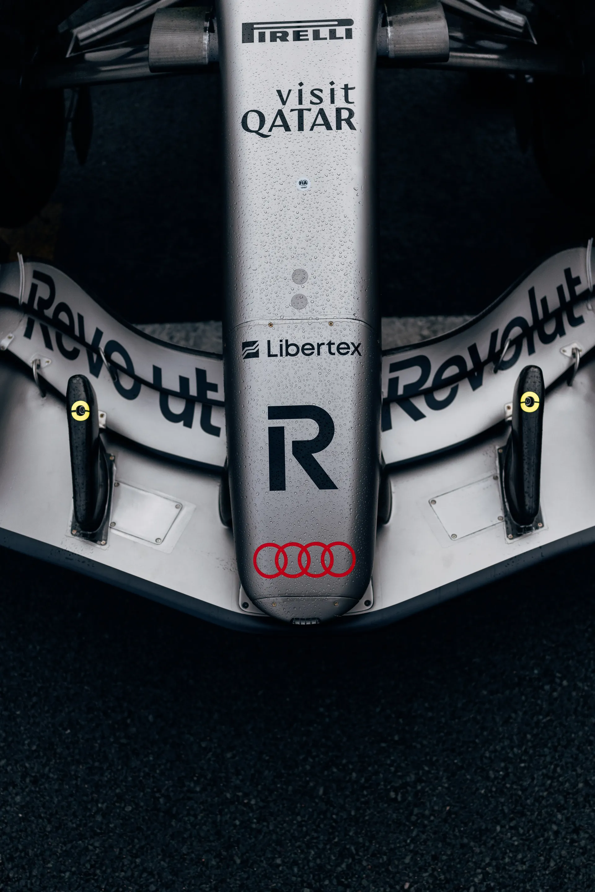 Close-up of the nose and front wing of the Audi R26 on the Dutch Grand Prix grid.