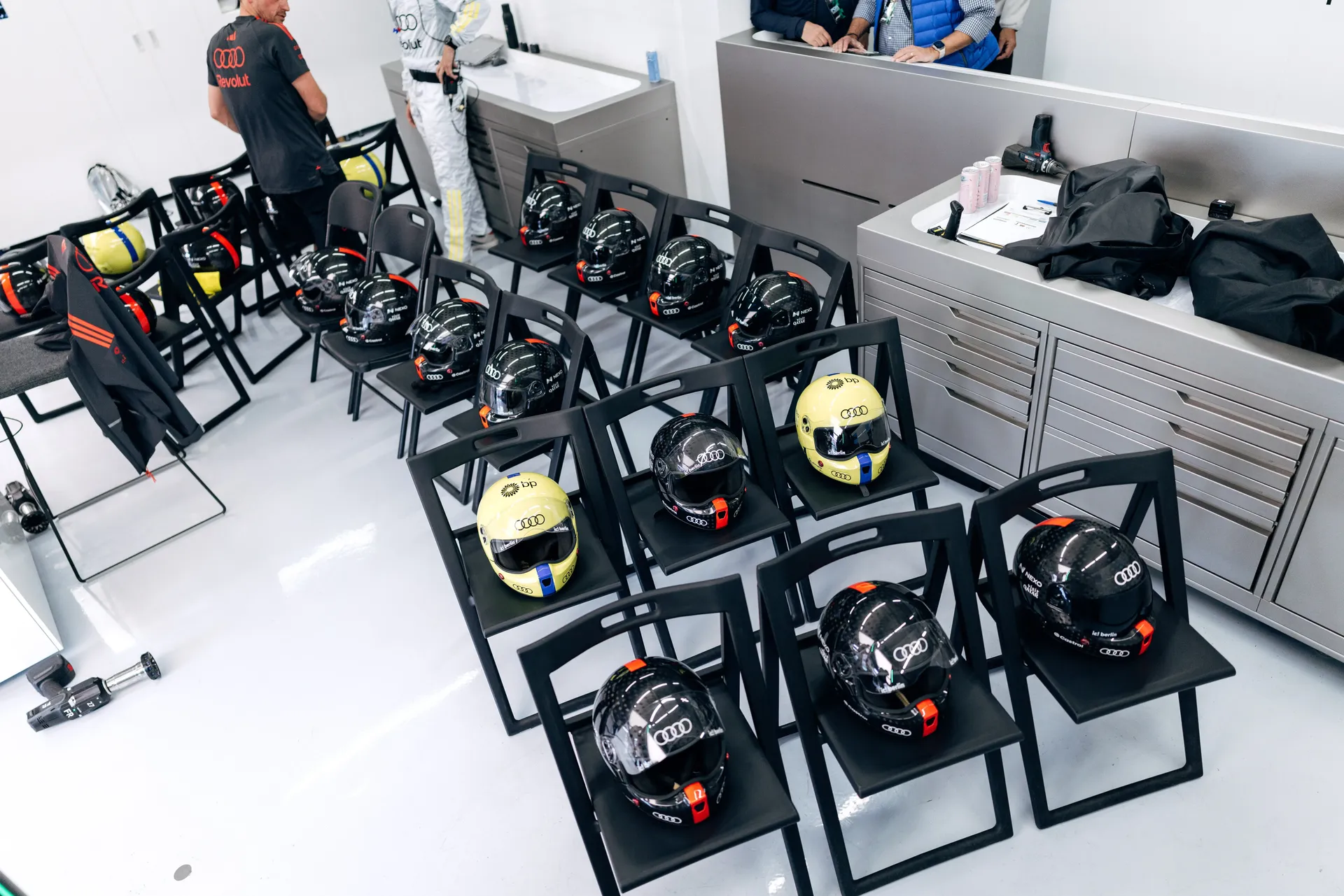 Audi Revolut F1® Team helmets and equipment prepared in the garage before the race.